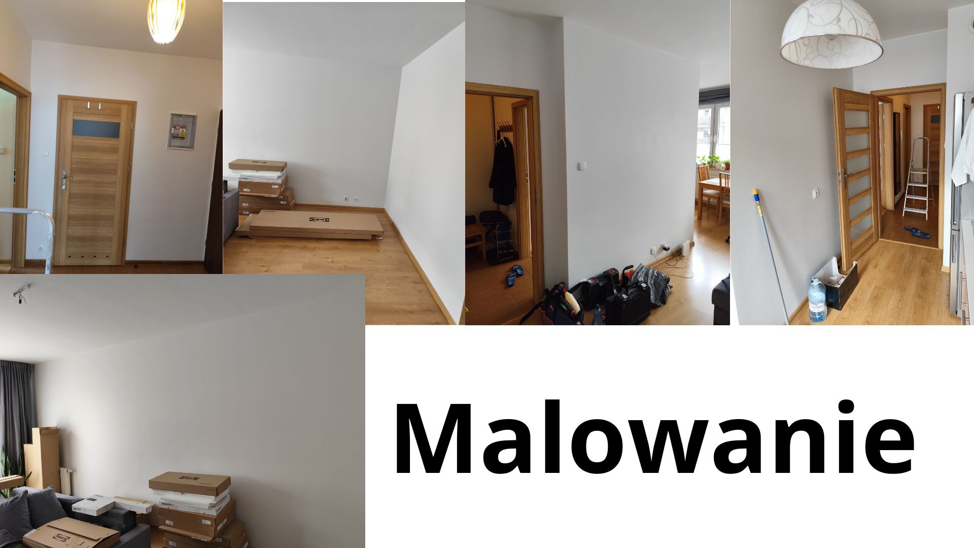 Kolaż czterech ujęć wnętrza po malowaniu ścian na biało i szaro. Widoczne drzwi, podłoga, meble w kartonach i akcesoria malarskie. Na dole napis 'Malowanie'.