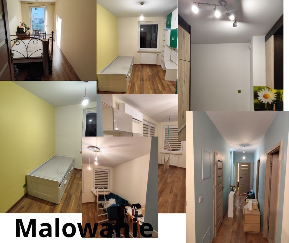 Kolaż zdjęć przedstawia wnętrza po malowaniu: pokój z łóżkiem, korytarz w odcieniach błękitu i kuchnię z białymi ścianami. Widoczne panele podłogowe i oświetlenie sufitowe.