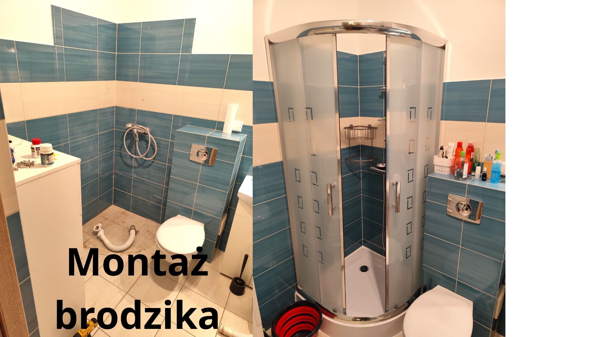 Łazienka w trakcie montażu kabiny prysznicowej z brodzikiem, widoczne niepodłączone elementy instalacji. Niebiesko-białe płytki na ścianach.