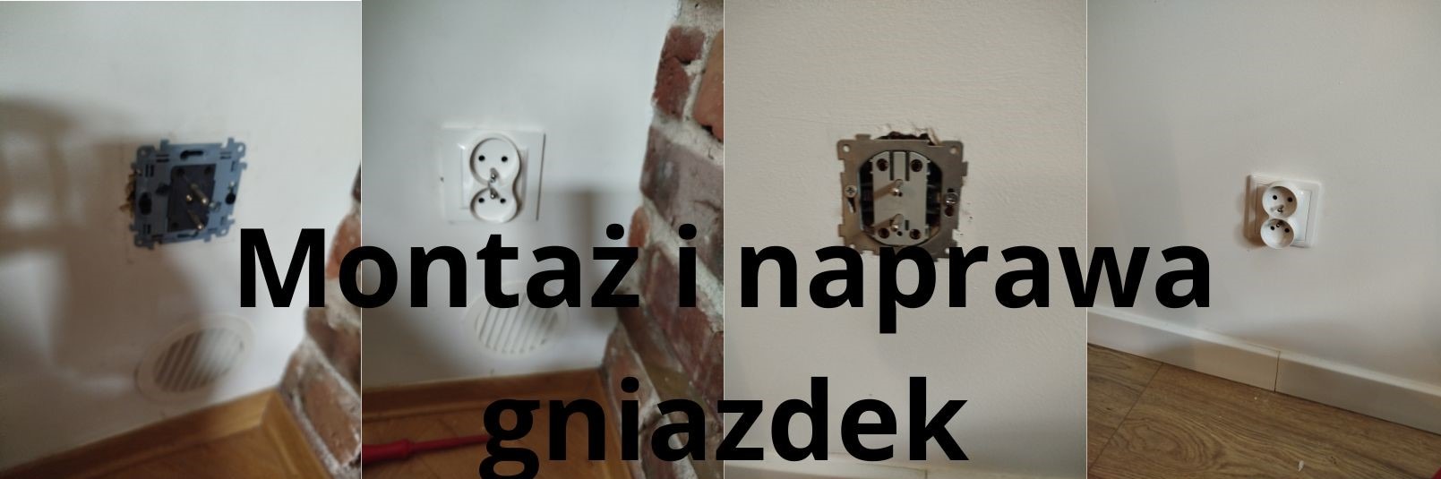 Etapy montażu gniazdka elektrycznego: od puszki w ścianie po gotowe gniazdko. Fragment ściany z cegły w tle.