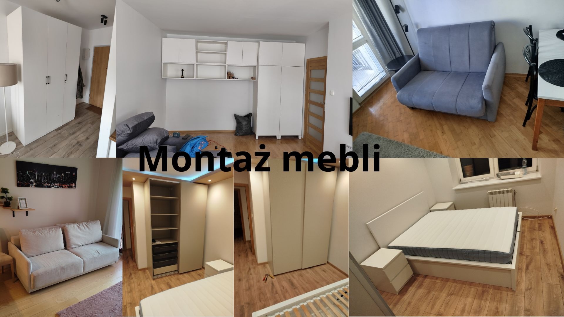 Kompozycja wnętrz po montażu mebli: szafy wnękowe, łóżko z szafkami nocnymi i sofa. Jasne drewno na podłodze, białe ściany. Widok z różnych perspektyw.