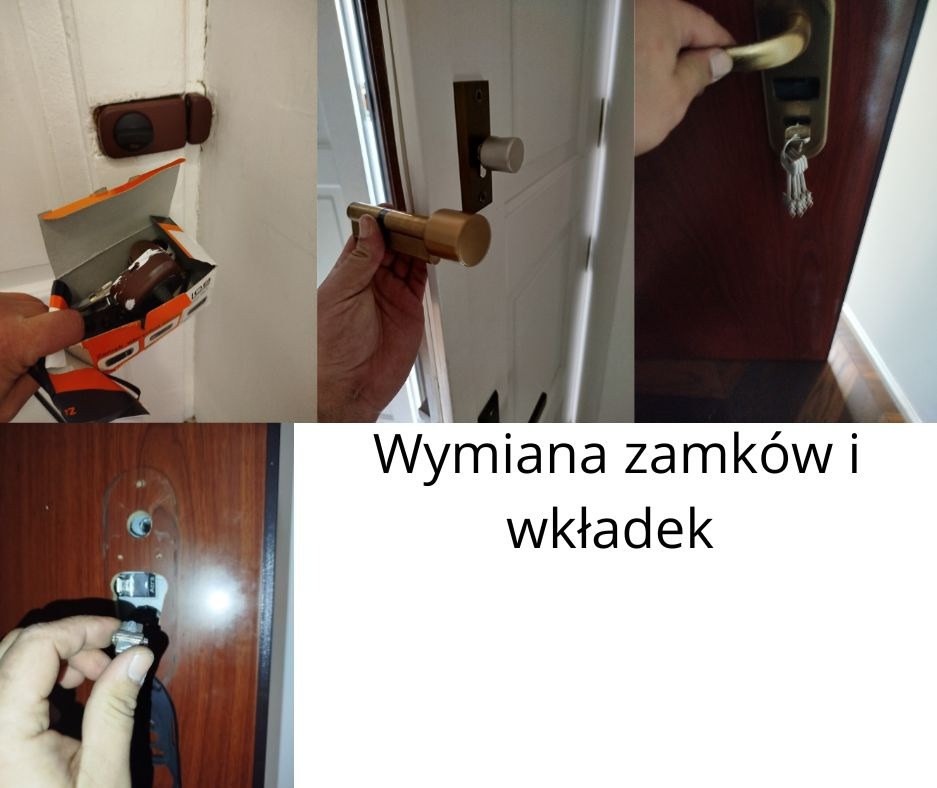 Montaż nowego zamka w drzwiach wejściowych. Czynności wykonywane przez montera. Wymiana wkładki w drzwiach. Nowe elementy zamka w pudełku.
