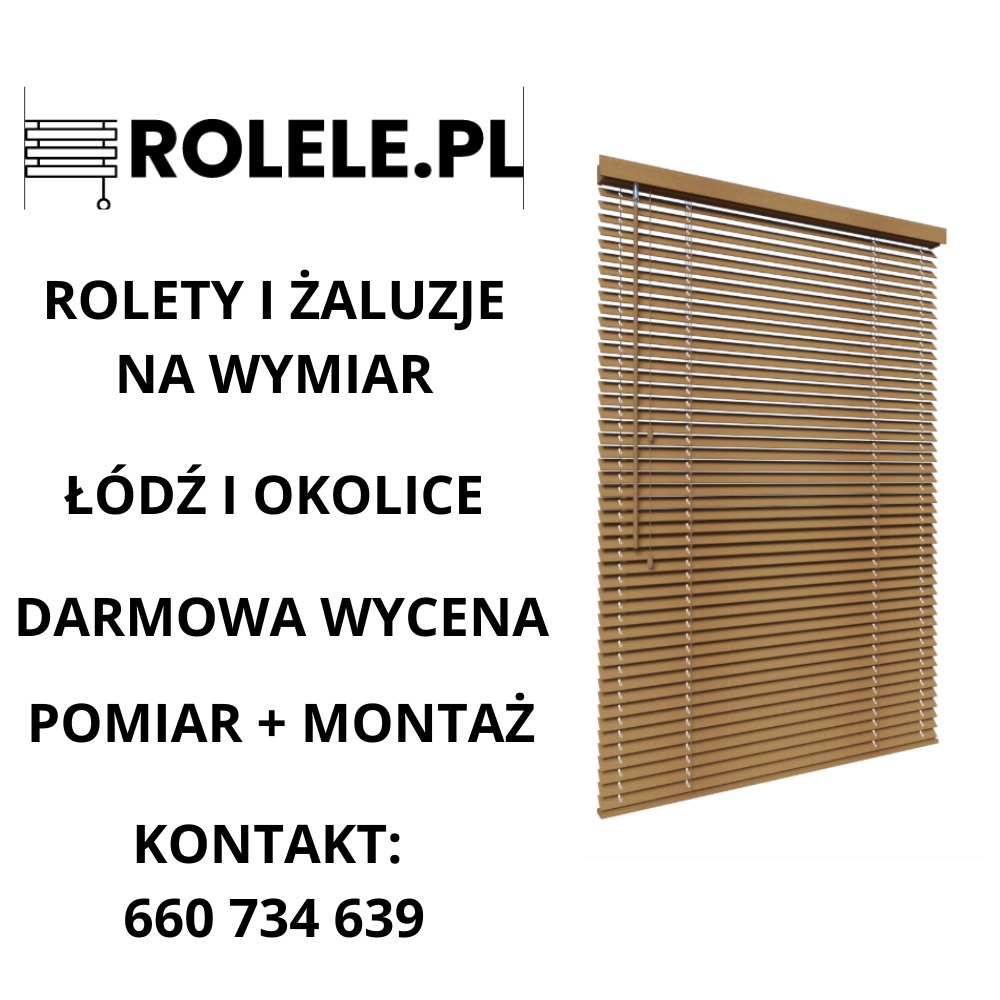 Żaluzje drewniane w ciepłym odcieniu brązu, prezentowane z bliska, obok tekst informacyjny o ofercie firmy z Łodzi i okolic, obejmującej darmową wycenę i montaż.