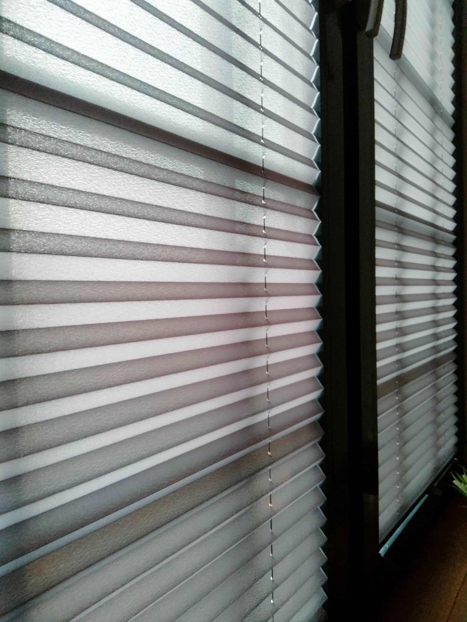 Szare plisy okienne zamontowane w ramie okiennej, widoczne z bliska, z delikatnym efektem światłocienia na plisowanej strukturze materiału.