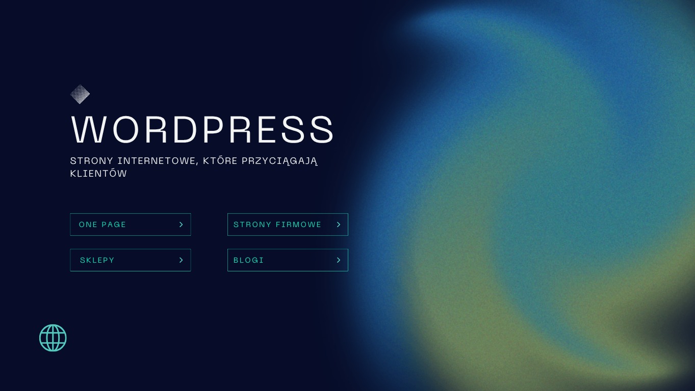Grafika WordPress: strony internetowe przyciągające klientów. Oferta obejmuje strony One Page, firmowe, sklepy i blogi. Minimalistyczny design z gradientem w tle.