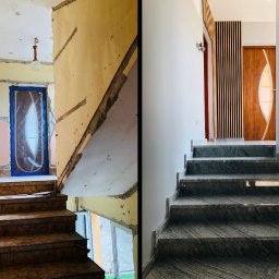 WestBud Arkadiusz Błażkowski - Schody po remoncie: marmurowe stopnie, drewniane panele ścienne, odnowione drzwi. Widok 'przed i po' prezentuje metamorfozę klatki schodowej.