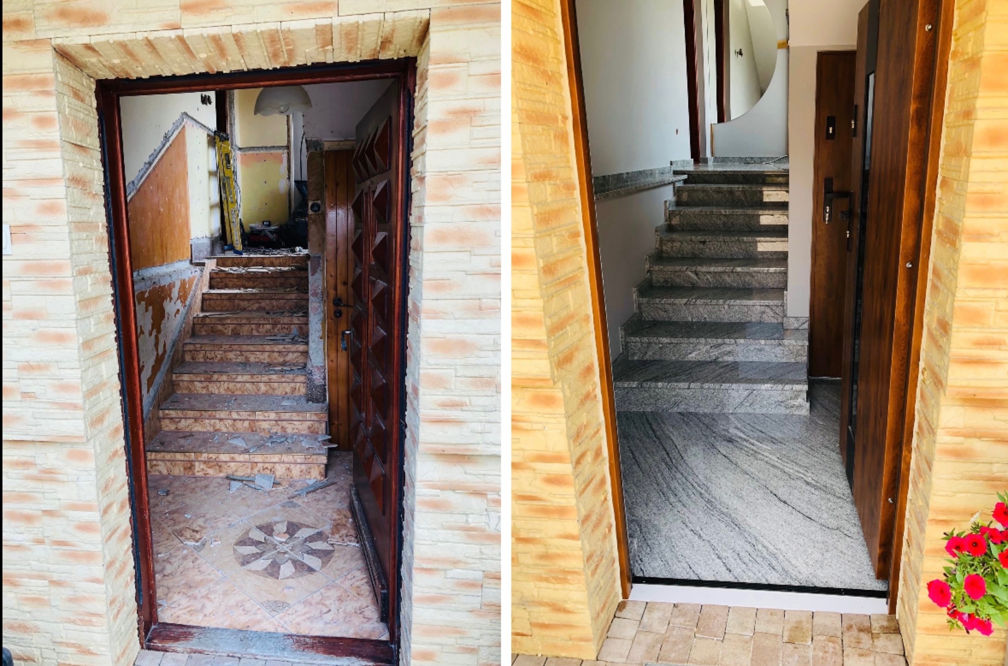 Remont schodów i wejścia: widok przed i po. Po lewej zniszczone schody i podłoga, po prawej wyremontowane, marmurowe schody i podłoga. Nowe drzwi wejściowe.