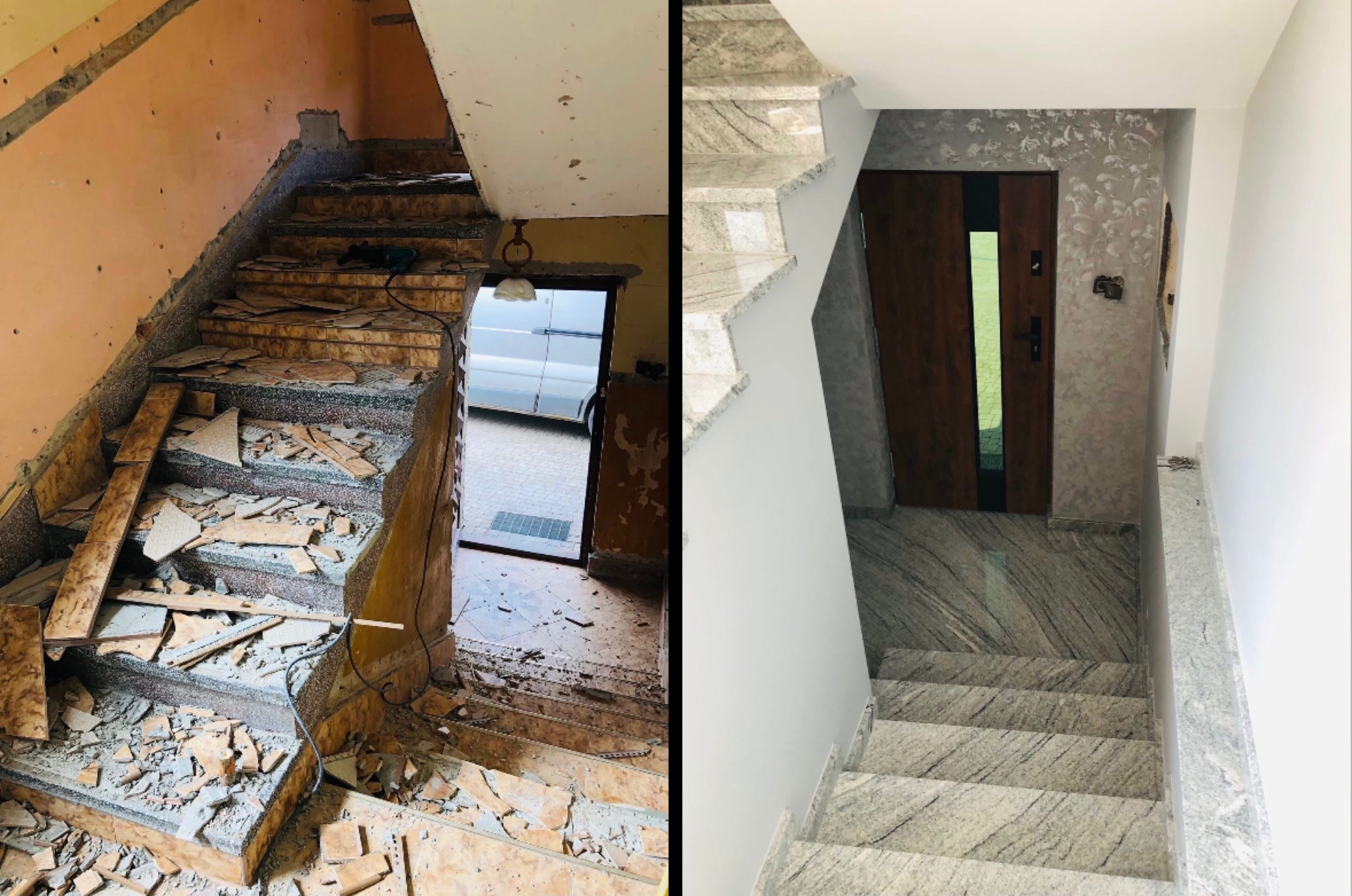 Schody przed i po remoncie: zdemontowane płytki i gruz kontra marmurowe wykończenie, szara ściana z dekoracyjnym wzorem i nowe, ciemne drzwi.