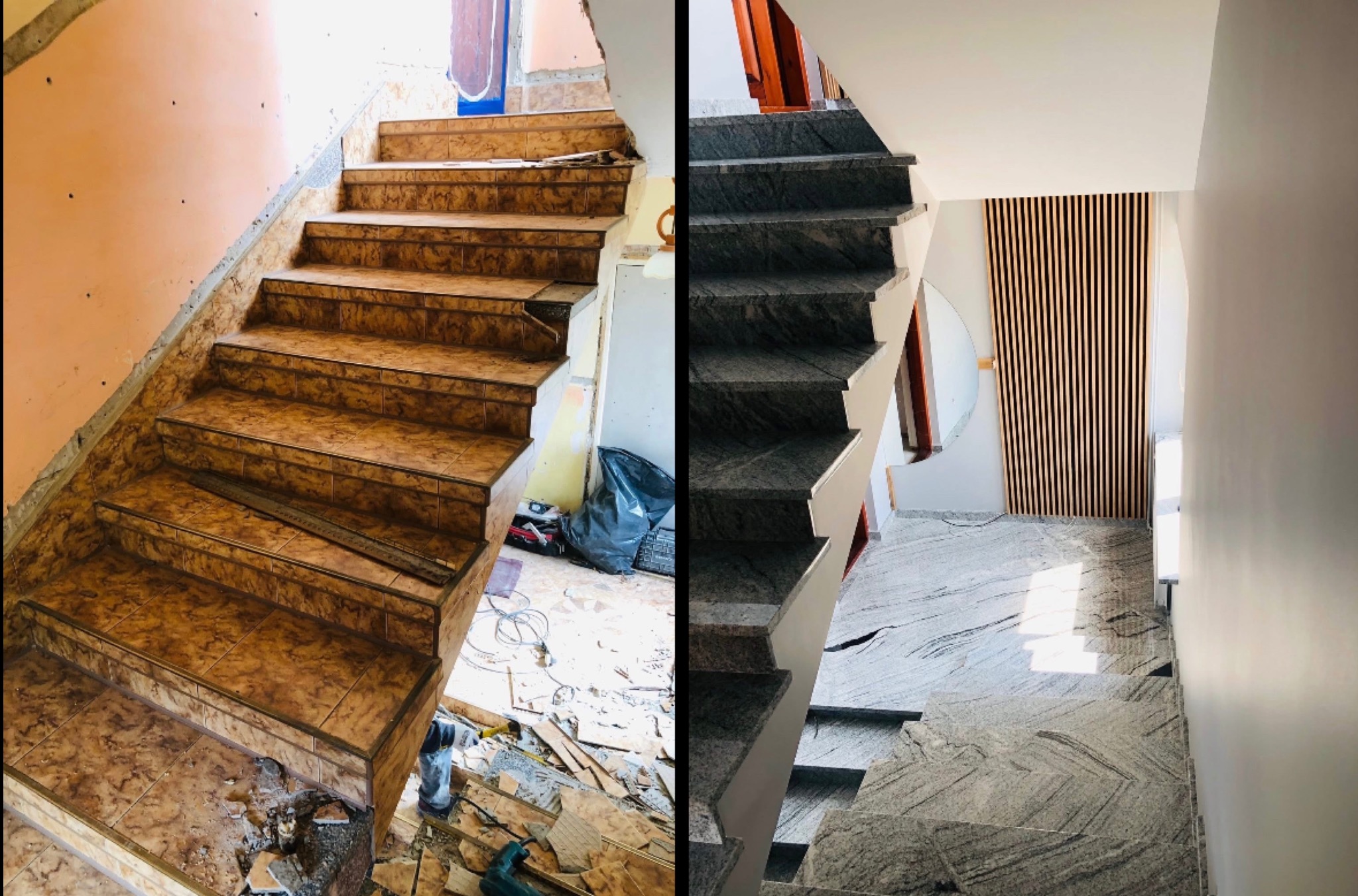 Schody przed i po remoncie: z brązowych płytek w trakcie demontażu na szare, marmurowe. Widoczny kontrast stanu surowego i wykończonego.