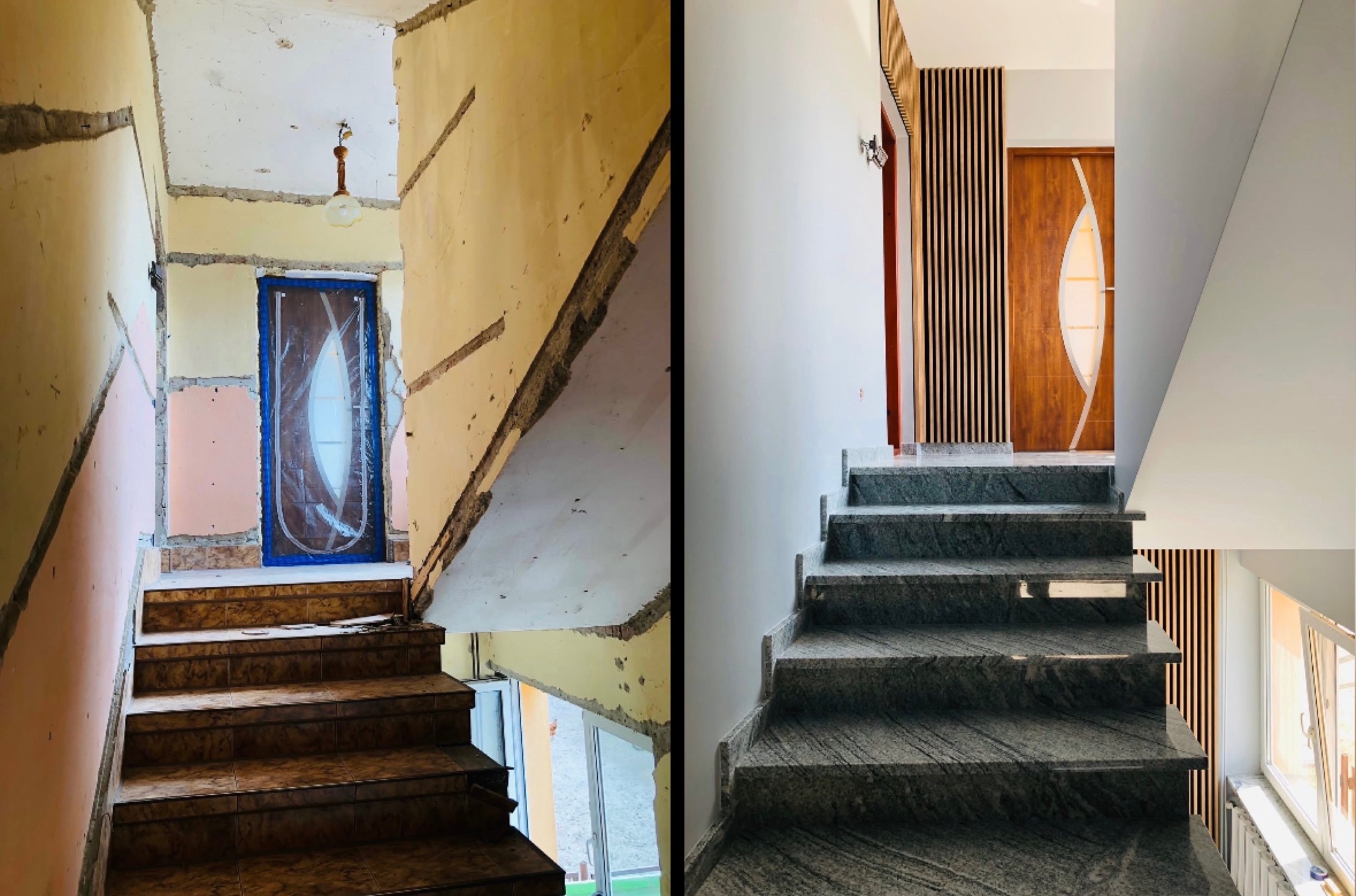 Schody po remoncie: marmurowe stopnie, drewniane panele ścienne, odnowione drzwi. Widok 'przed i po' prezentuje metamorfozę klatki schodowej.