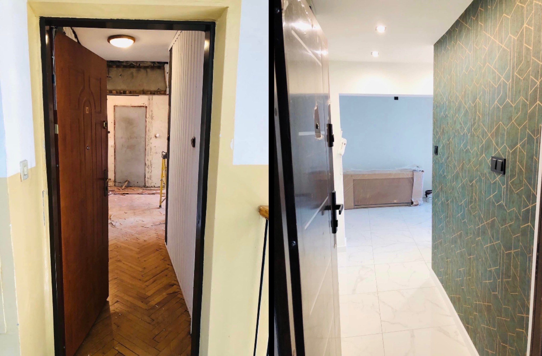 Zdjęcie 'przed i po' przedstawia montaż drzwi wejściowych, ukazując stan korytarza przed i po remoncie. Widoczne nowe drzwi i odnowione wnętrze z tapetą w geometryczny wzór.