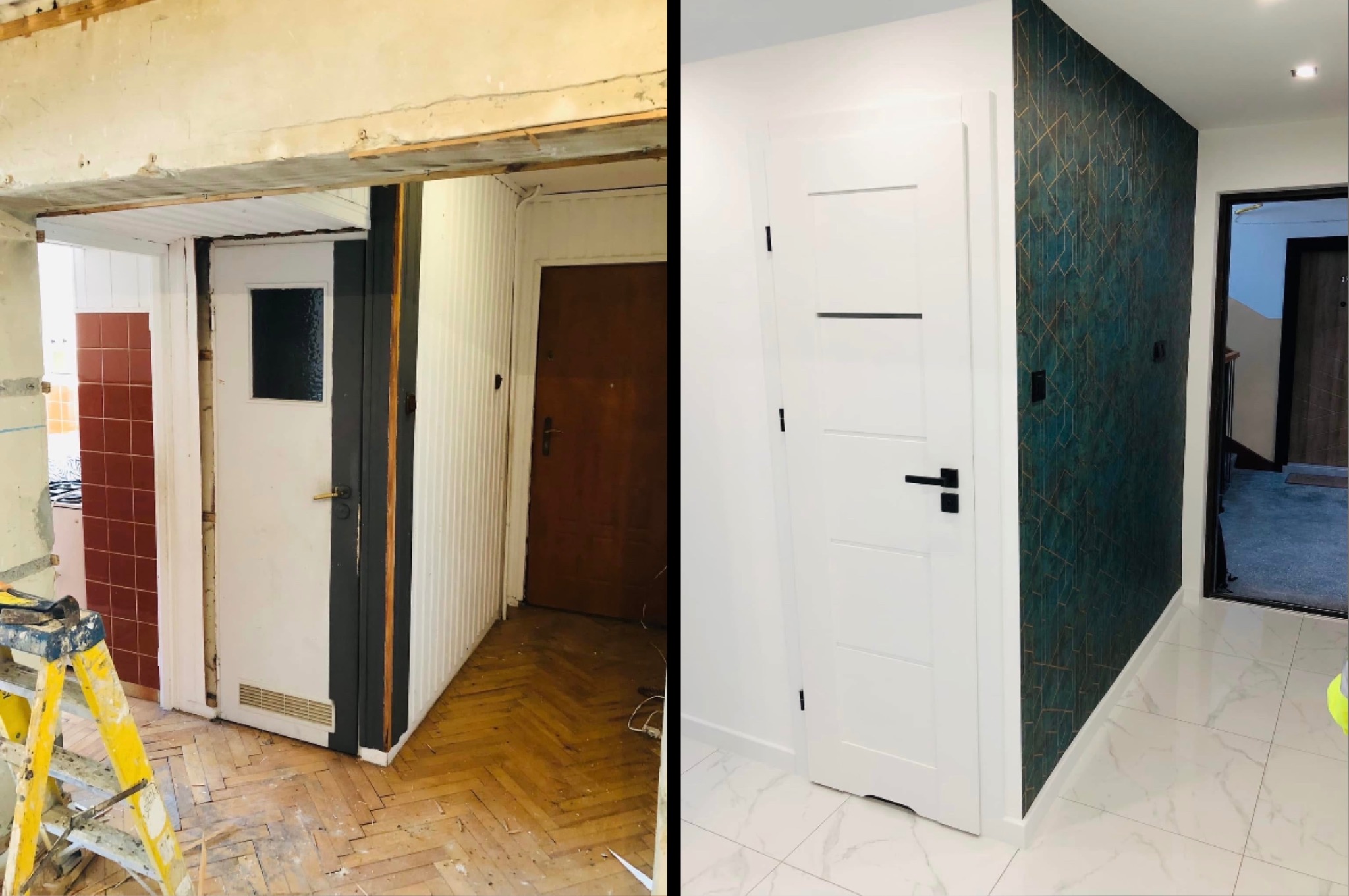 Zdjęcie 'przed i po' przedstawia montaż białych drzwi z czarną klamką. Po lewej stronie widoczny remontowany pokój, po prawej wykończone wnętrze z wzorzystą tapetą.