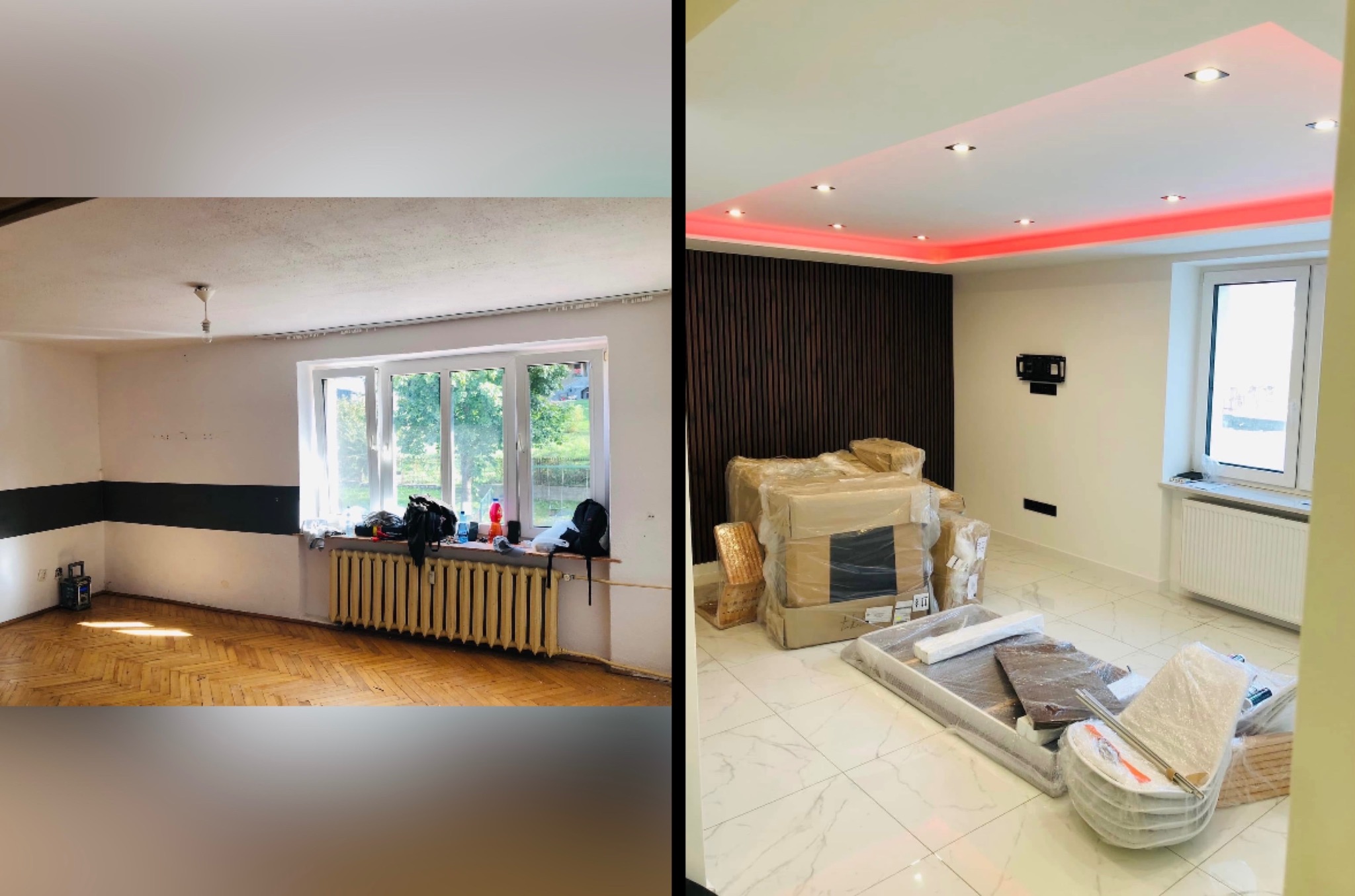 Porównanie: pokój przed i po remoncie. Nowe panele ścienne, podłoga, oświetlenie LED. Meble w folii ochronnej, gotowe do montażu. Widok z okna.