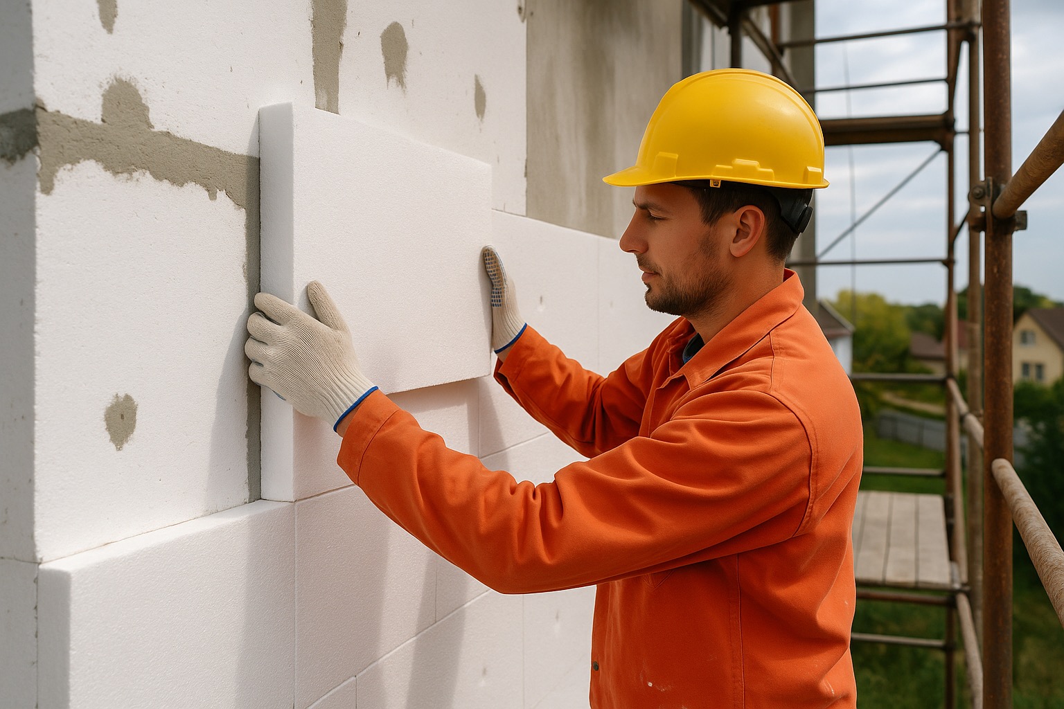 Pracownik w kasku montuje białe płyty izolacyjne na ścianie budynku. Widoczne rusztowanie i fragmenty niezabezpieczonej ściany.