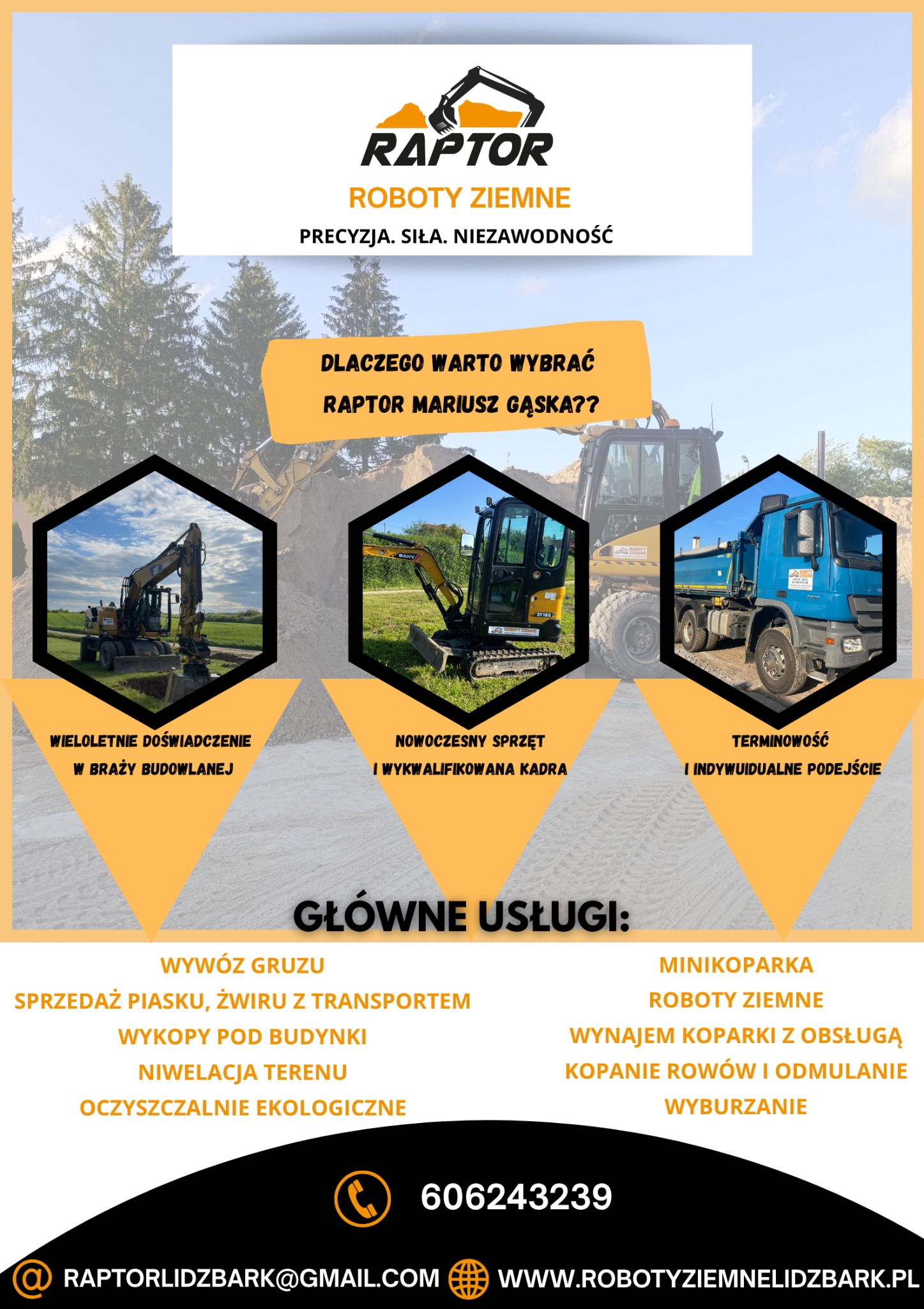 Reklama firmy Raptor Roboty Ziemne: koparki, wywóz gruzu, niwelacja terenu, wykopy pod budynki, sprzedaż piasku i żwiru. Kontakt: 606243239, raptorlidzbark@gmail.com.