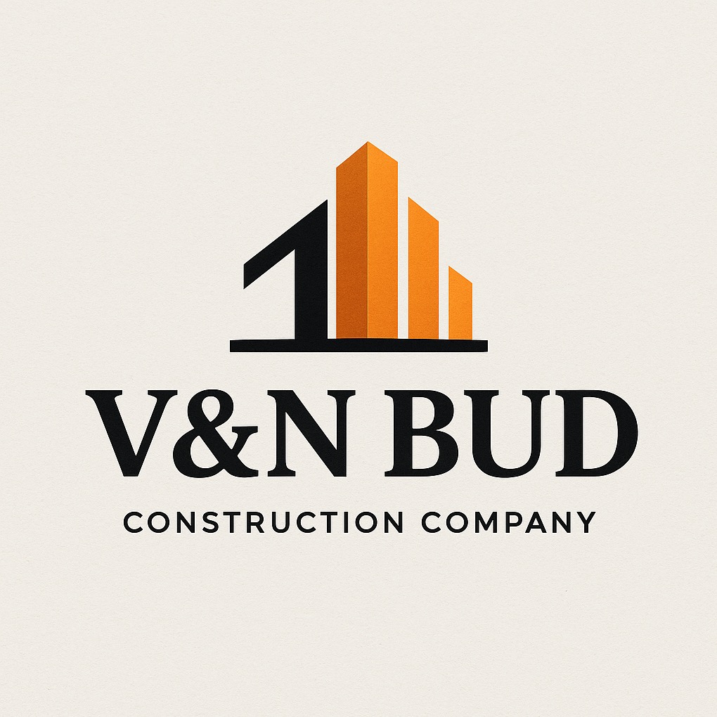 Minimalistyczne logo firmy budowlanej V&N BUD z abstrakcyjnym symbolem budynku w kolorach czarnym i pomarańczowym na kremowym tle. Podpis: Construction Company.