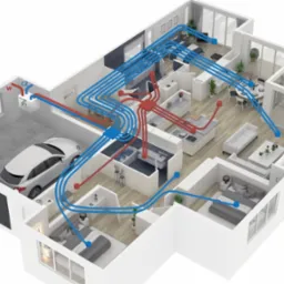 Schemat 3D domu z zaznaczonymi na niebiesko i czerwono trasami instalacji wentylacyjnej i rekuperacji, widok z góry, z garażem i samochodem.