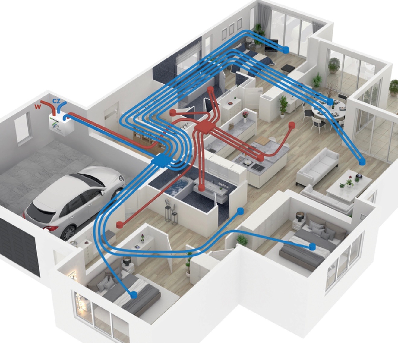 Schemat 3D domu z zaznaczonymi na niebiesko i czerwono trasami instalacji wentylacyjnej i rekuperacji, widok z góry, z garażem i samochodem.