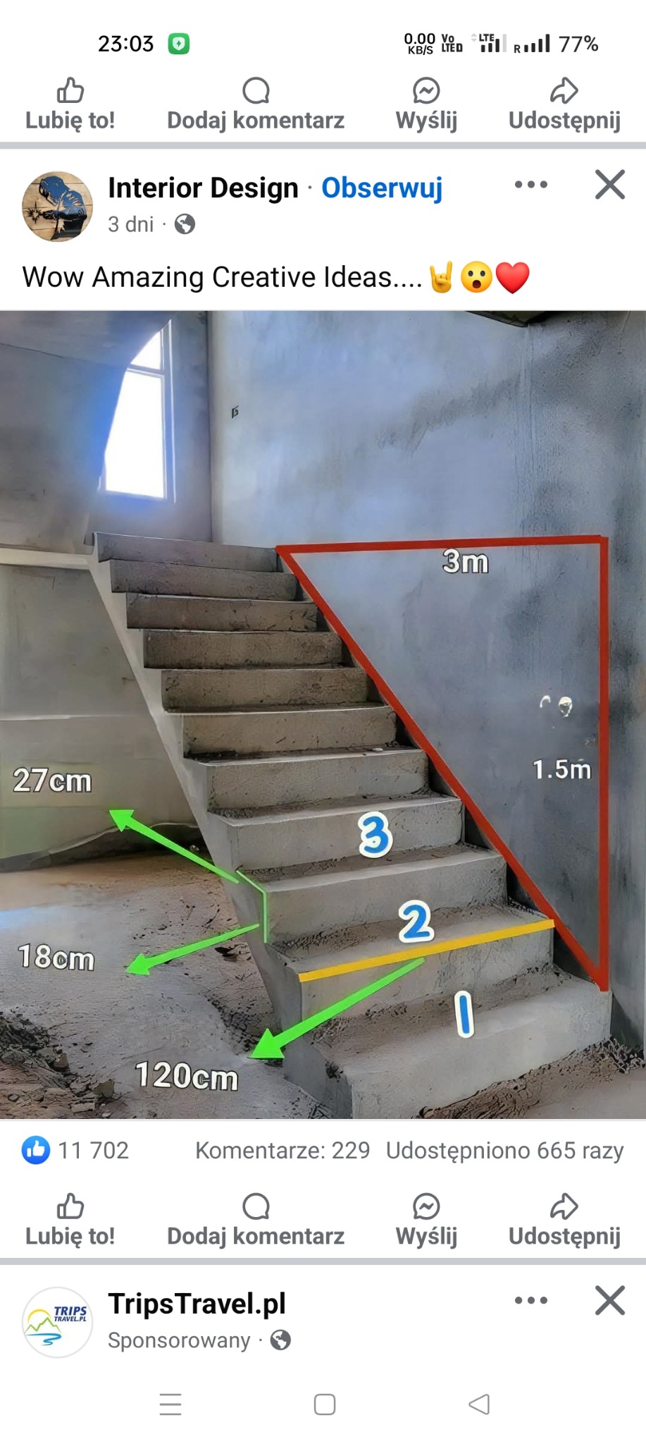 Betonowe schody w surowym stanie z naniesionymi wymiarami: wysokość stopni 18cm i 27cm, głębokość 120cm. Ściana z zaznaczonym trójkątem o wymiarach 3m i 1.5m.