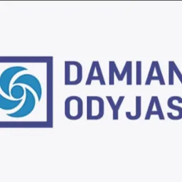 Logo firmy Damian Odyjas z symbolem wirnika w kwadracie, utrzymane w odcieniach niebieskiego na jasnym tle.