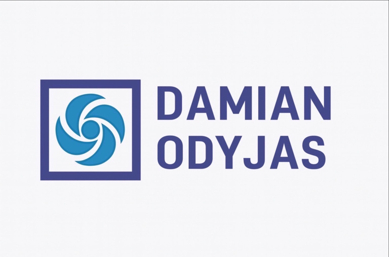 Logo firmy Damian Odyjas z symbolem wirnika w kwadracie, utrzymane w odcieniach niebieskiego na jasnym tle.