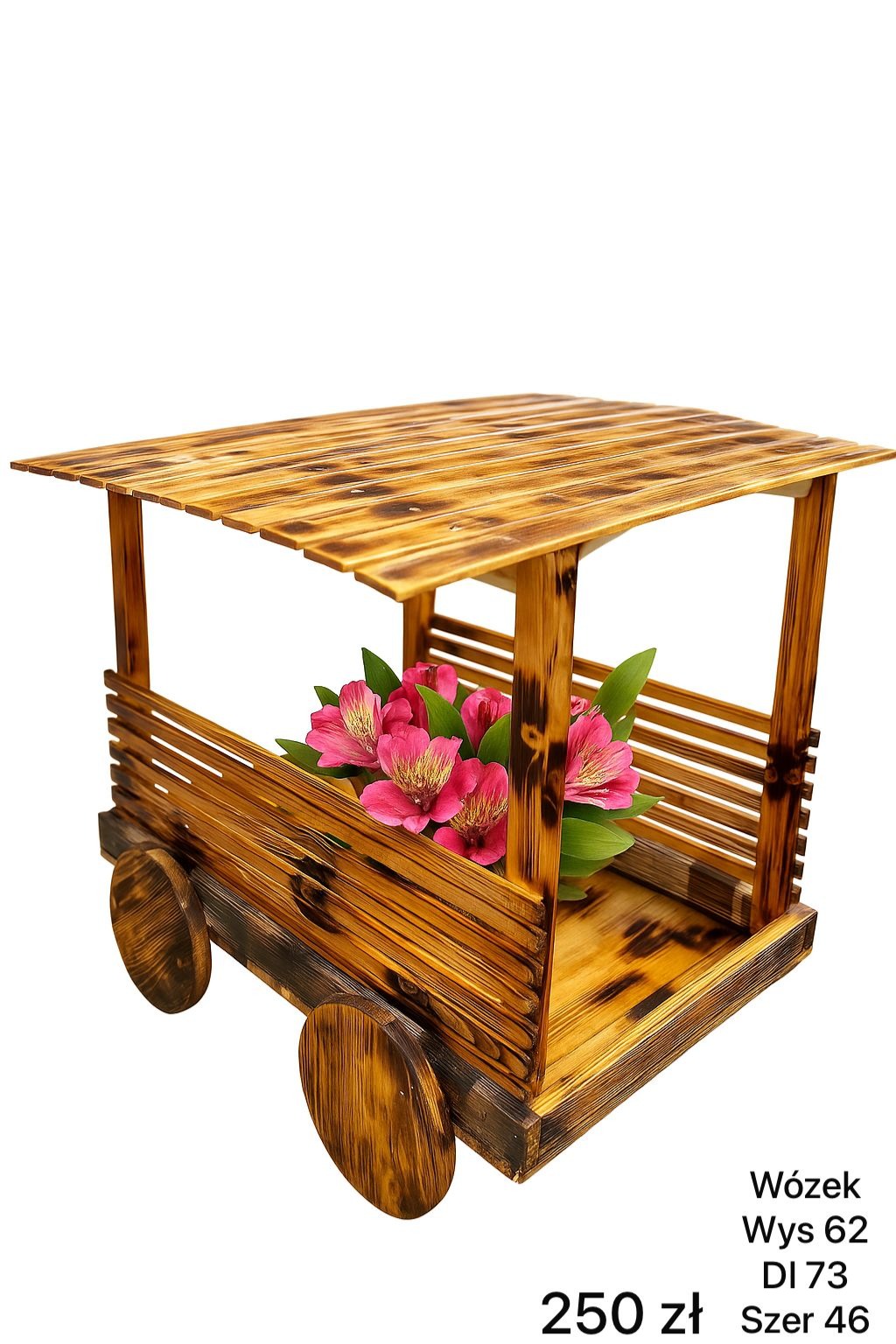 Drewniany wózek dekoracyjny z kwiatami alstremerii, opalany, z widocznymi wymiarami i ceną. Prezentacja produktu stolarskiego z bliska, na białym tle.