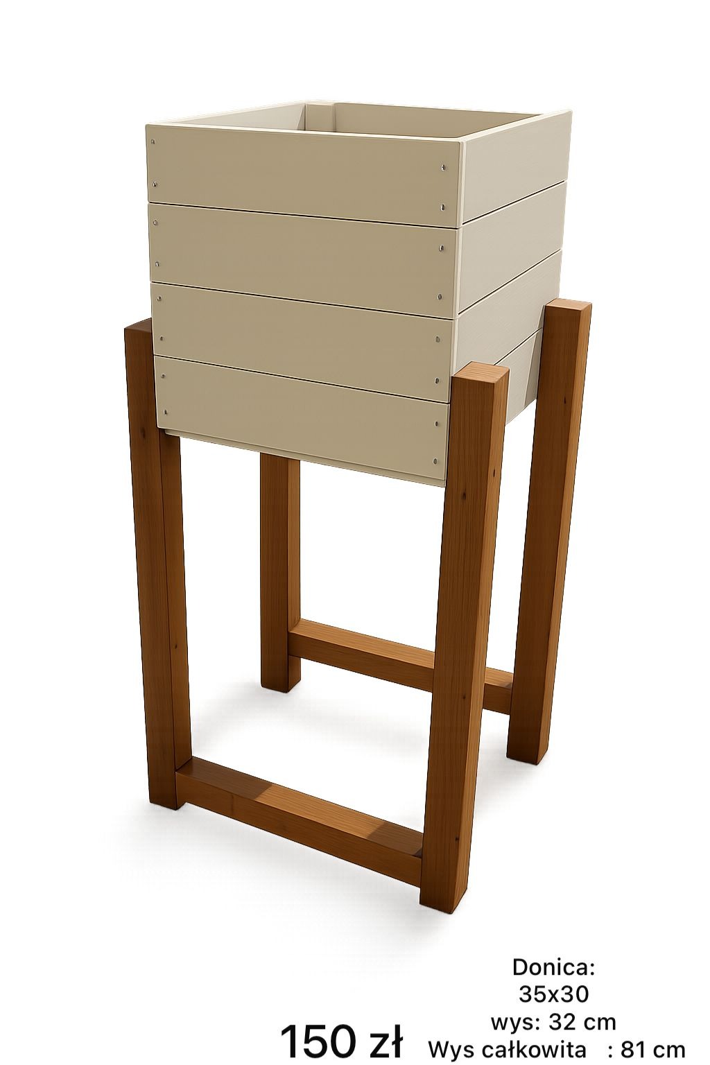 Drewniana donica w kształcie kostki, beżowa góra, brązowe nogi, widoczne śruby, minimalistyczny design, na białym tle, cena 150 zł, wymiary 35x30x81 cm.