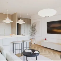 Jasne wnętrze z wyspą kuchenną i hokerami. Minimalistyczny salon z telewizorem i stolikiem kawowym. Parkiet w jodełkę. Lampy wiszące o nowoczesnym designie.