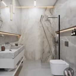 Nowoczesna łazienka z marmurowymi płytkami, podświetlanym lustrem i wiszącą toaletą. Minimalistyczny design, szaro-biała kolorystyka, eleganckie oświetlenie.