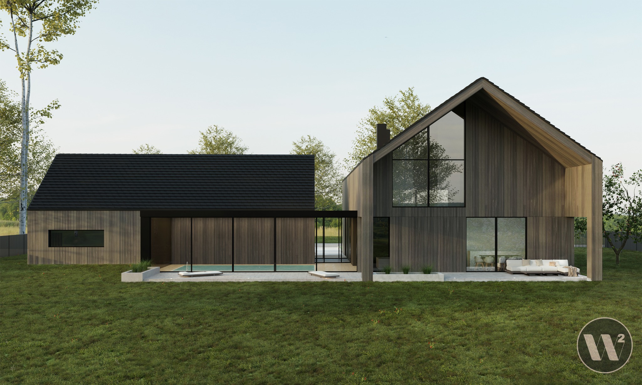 Wizualizacja nowoczesnego domu z ciemnego drewna z dużymi oknami, basenem i tarasem. Minimalistyczny design i naturalne otoczenie.