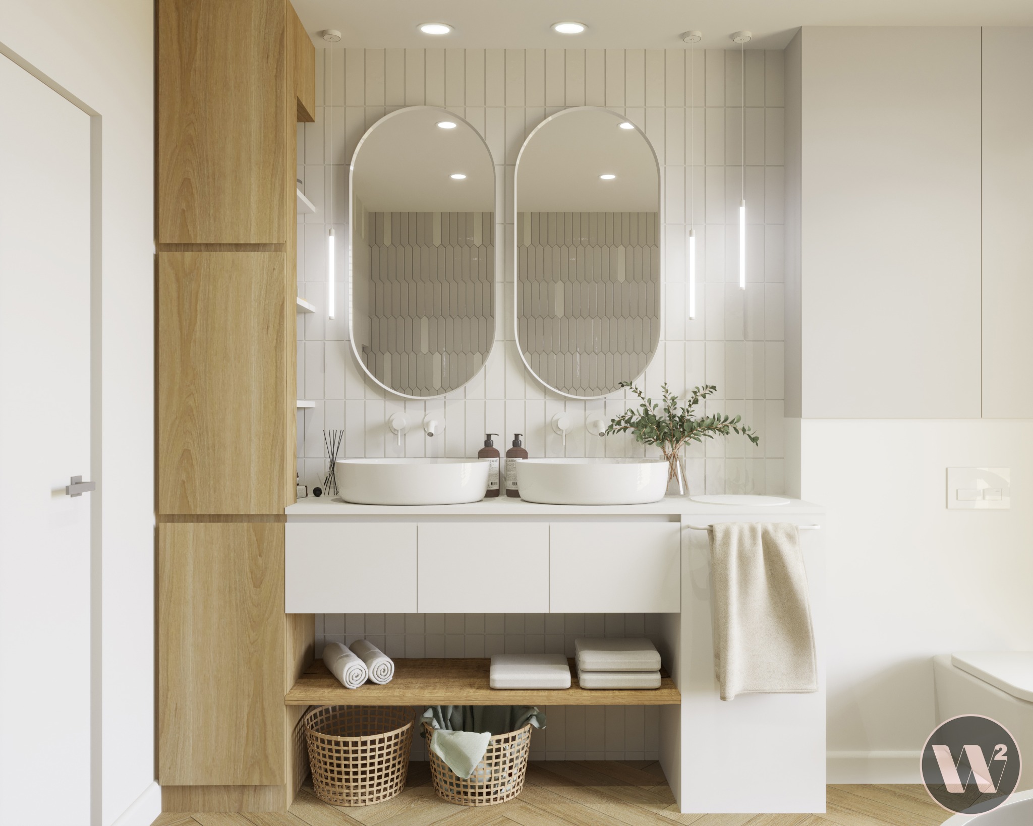 Nowoczesna łazienka z dwiema owalnymi umywalkami, lustrami i drewnianymi akcentami. Jasna kolorystyka, minimalistyczny design z roślinnym dodatkiem.