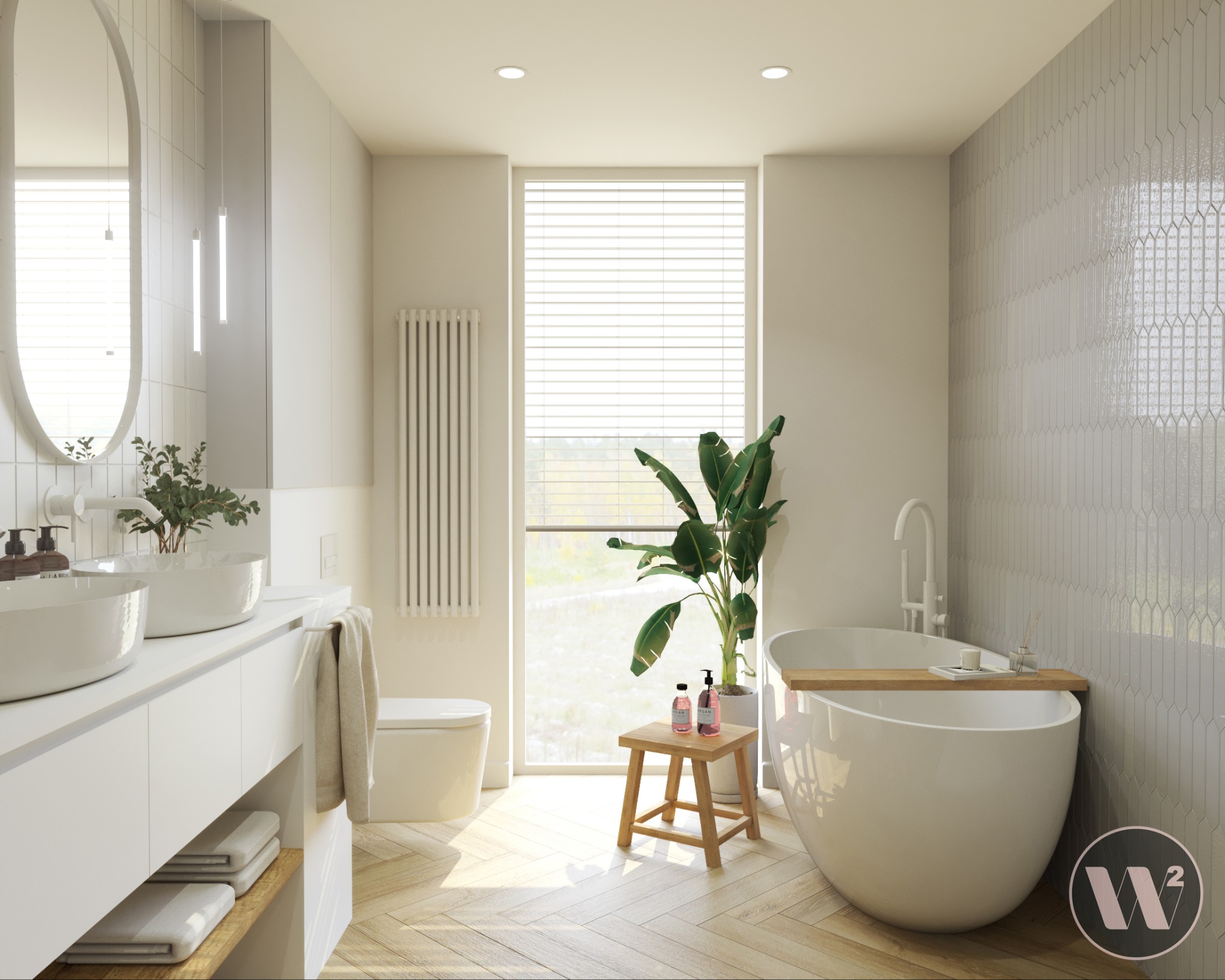 Jasna łazienka z parkietem w jodełkę, owalną wanną i umywalką na blacie. Na ścianie dekoracyjne, podłużne płytki. Okno z żaluzjami w tle.