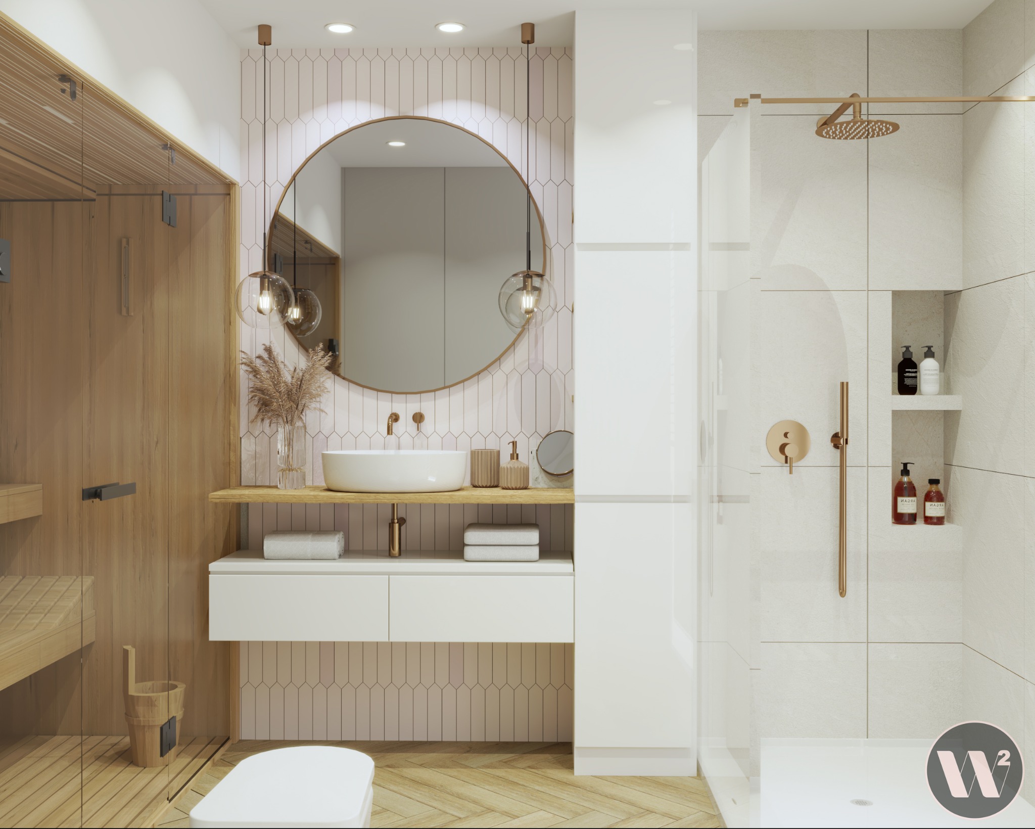 Nowoczesna łazienka z sauną, okrągłym lustrem i złotymi akcentami. Umywalka nablatowa, białe szafki i drewniane wykończenia tworzą spójną całość.