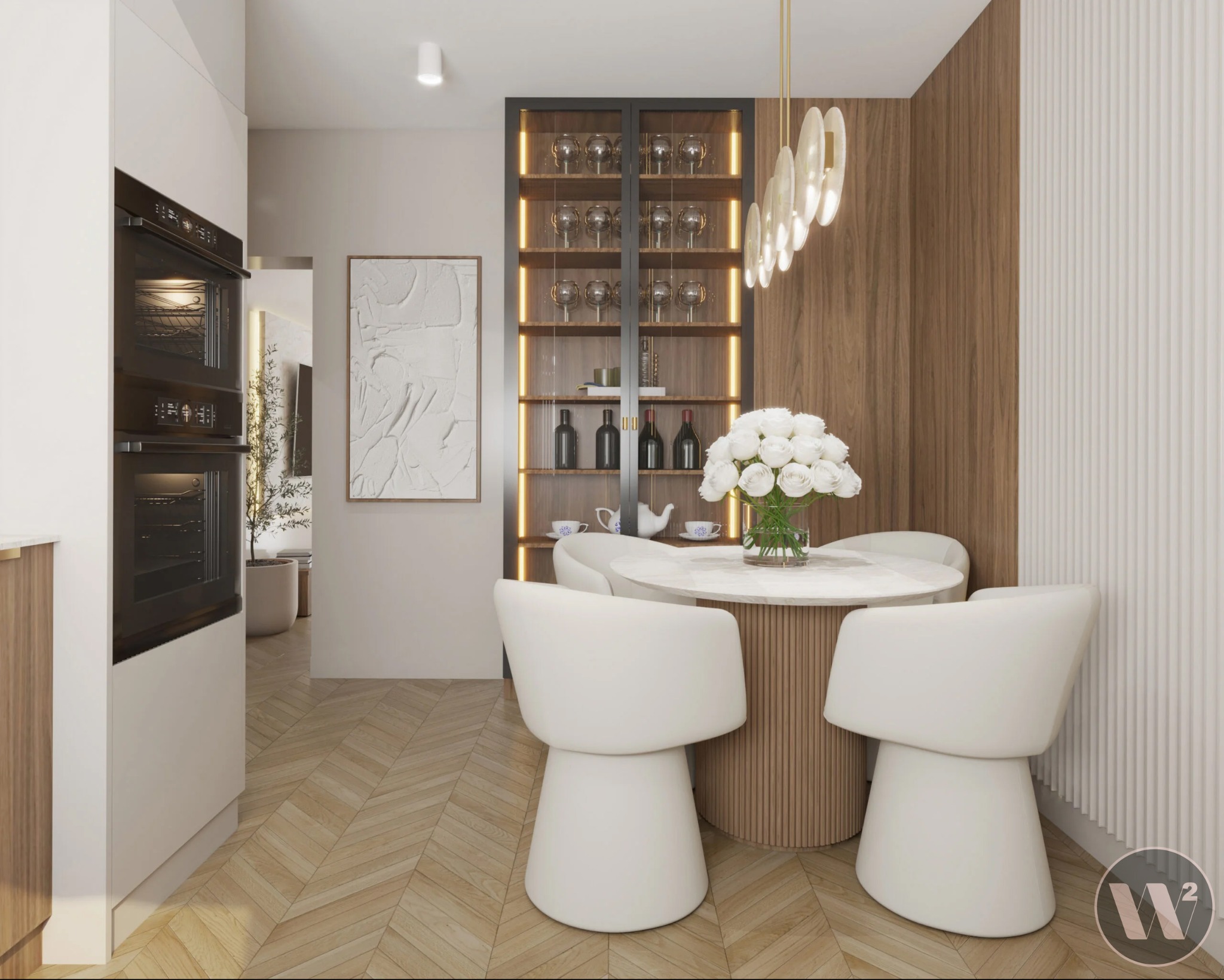 Nowoczesna aranżacja jadalni w Wieluniu: okrągły stół z białymi krzesłami, podświetlana witryna na wino, drewniane panele ścienne i parkiet w jodełkę.