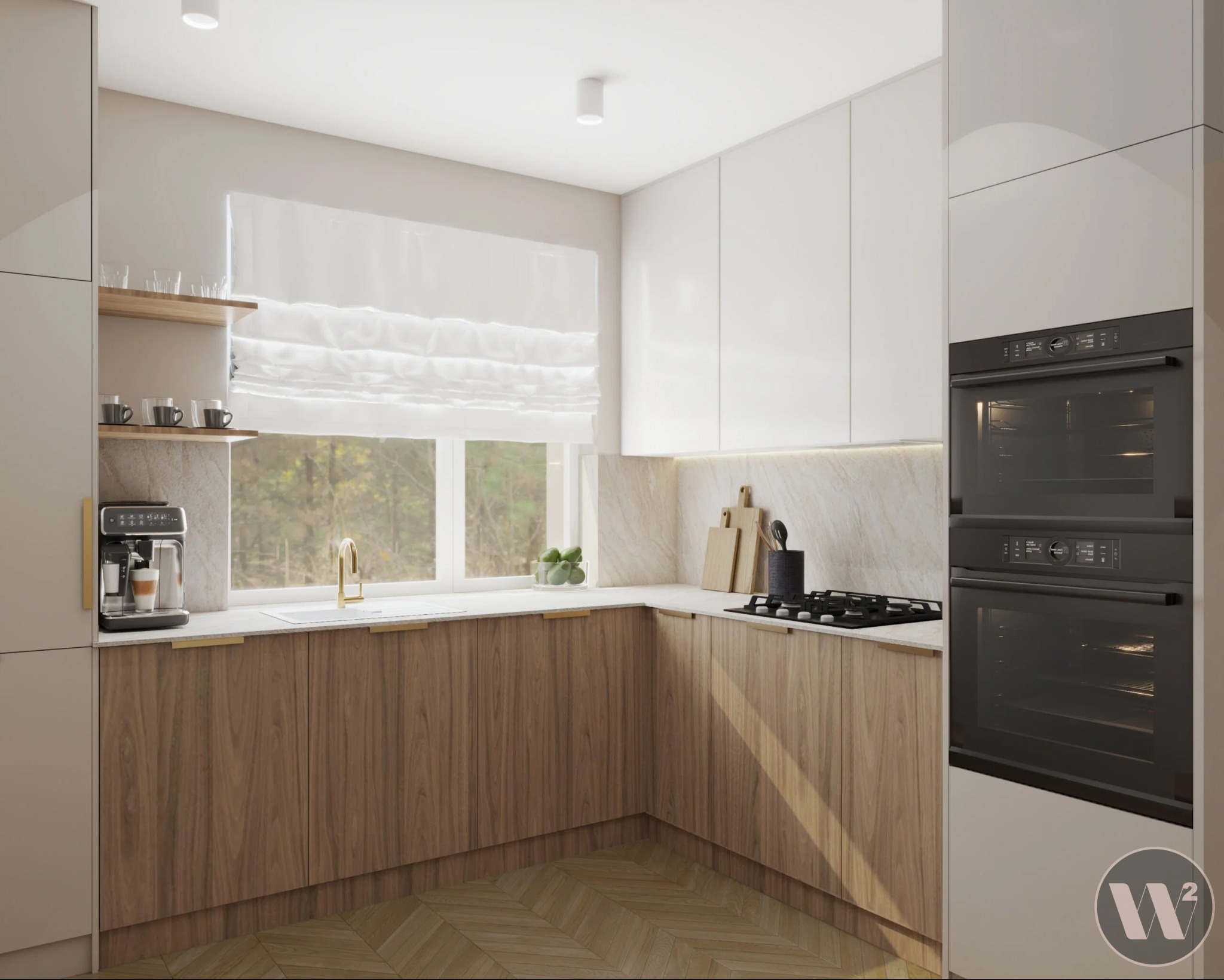 Nowoczesna kuchnia z drewnianymi frontami szafek, białymi górnymi szafkami i oknem. Widoczny ekspres do kawy i piekarnik. Parkiet w jodełkę na podłodze.