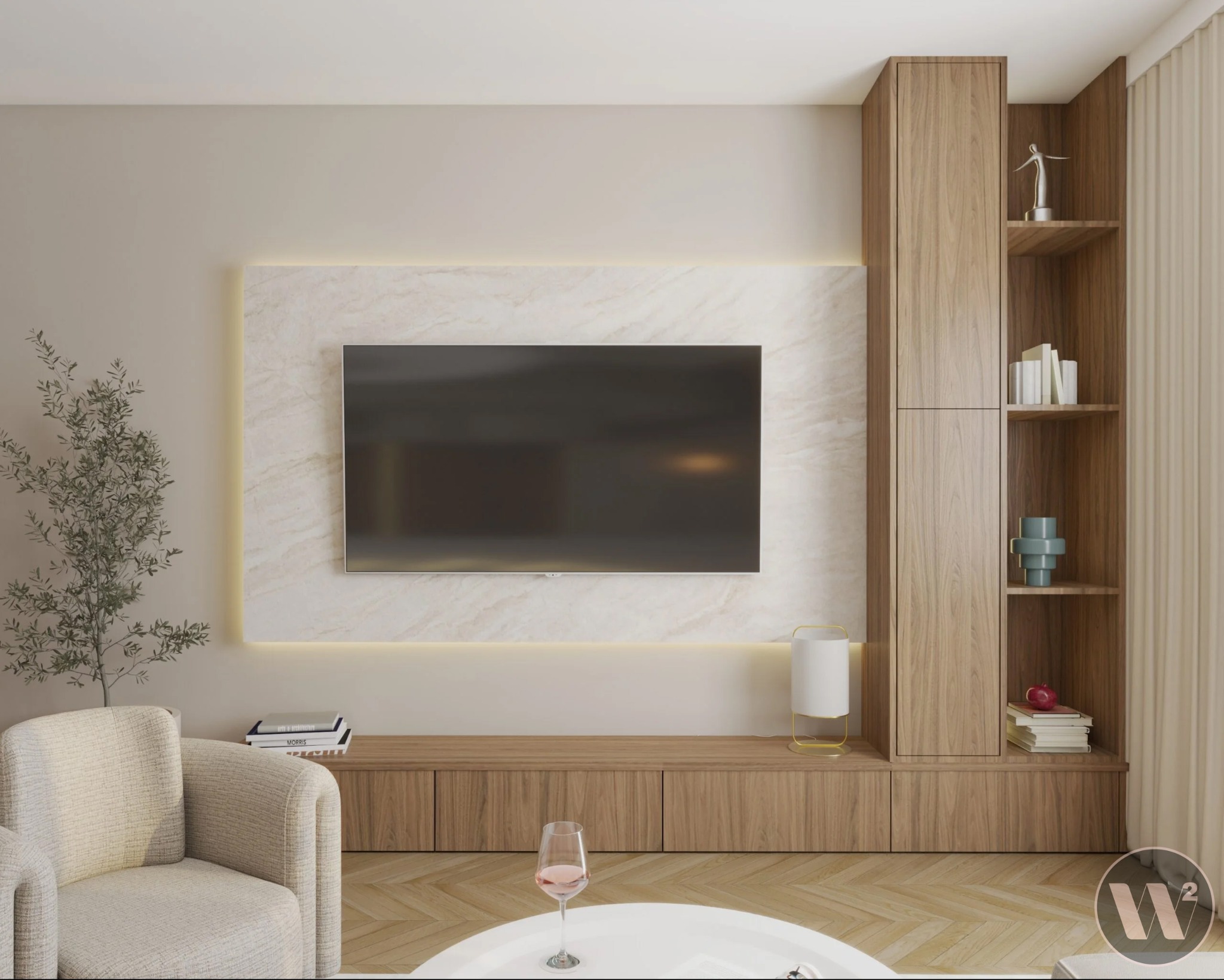 Aranżacja salonu w beżach: podświetlona ściana TV z marmurowym panelem, drewniana zabudowa meblowa z półkami, fotel i stolik kawowy. Nowoczesny design.