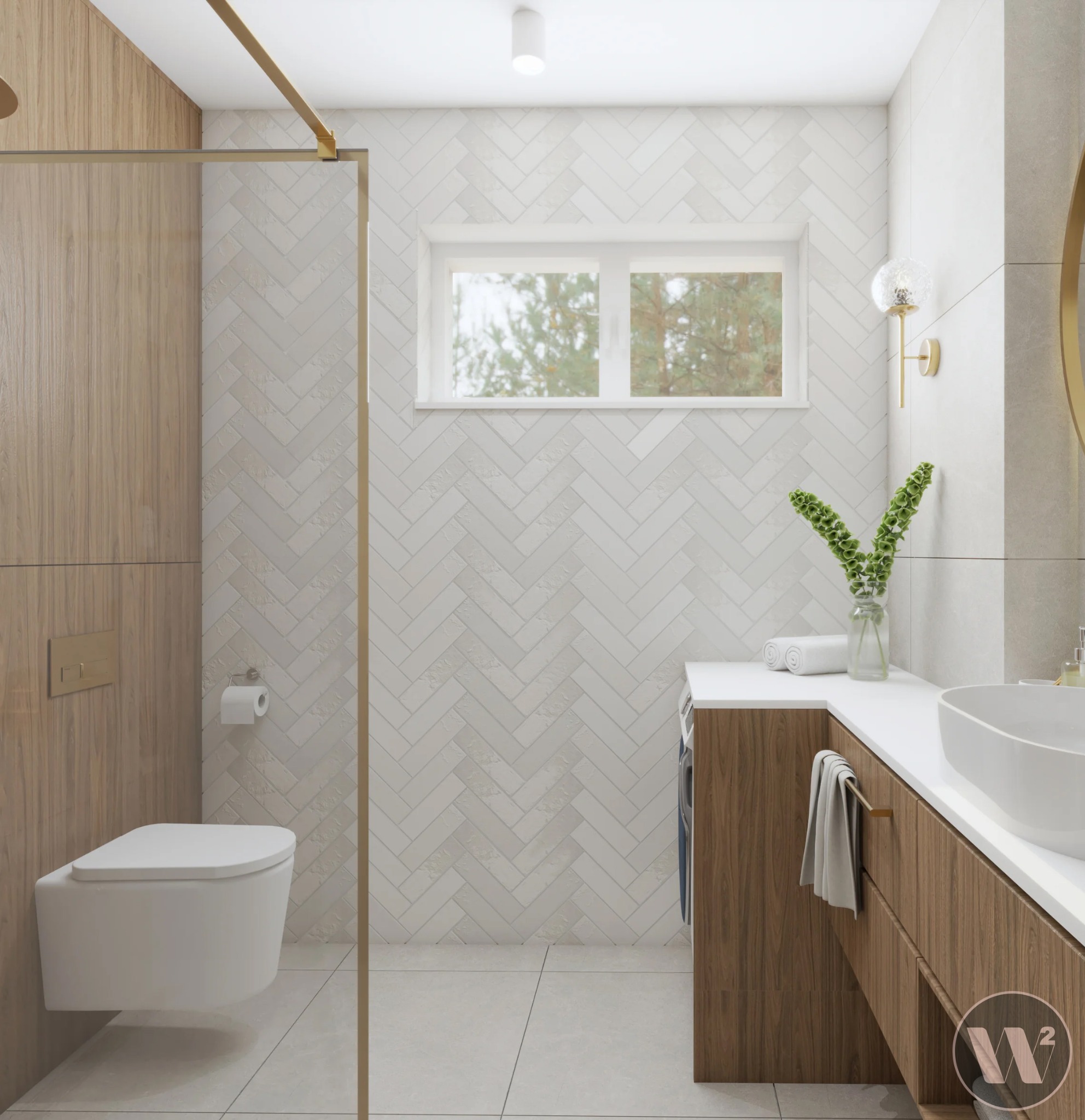 Nowoczesna łazienka z drewnianymi akcentami, białą armaturą i płytkami ułożonymi w jodełkę. Widoczna umywalka, toaleta i kabina prysznicowa ze złotymi detalami.