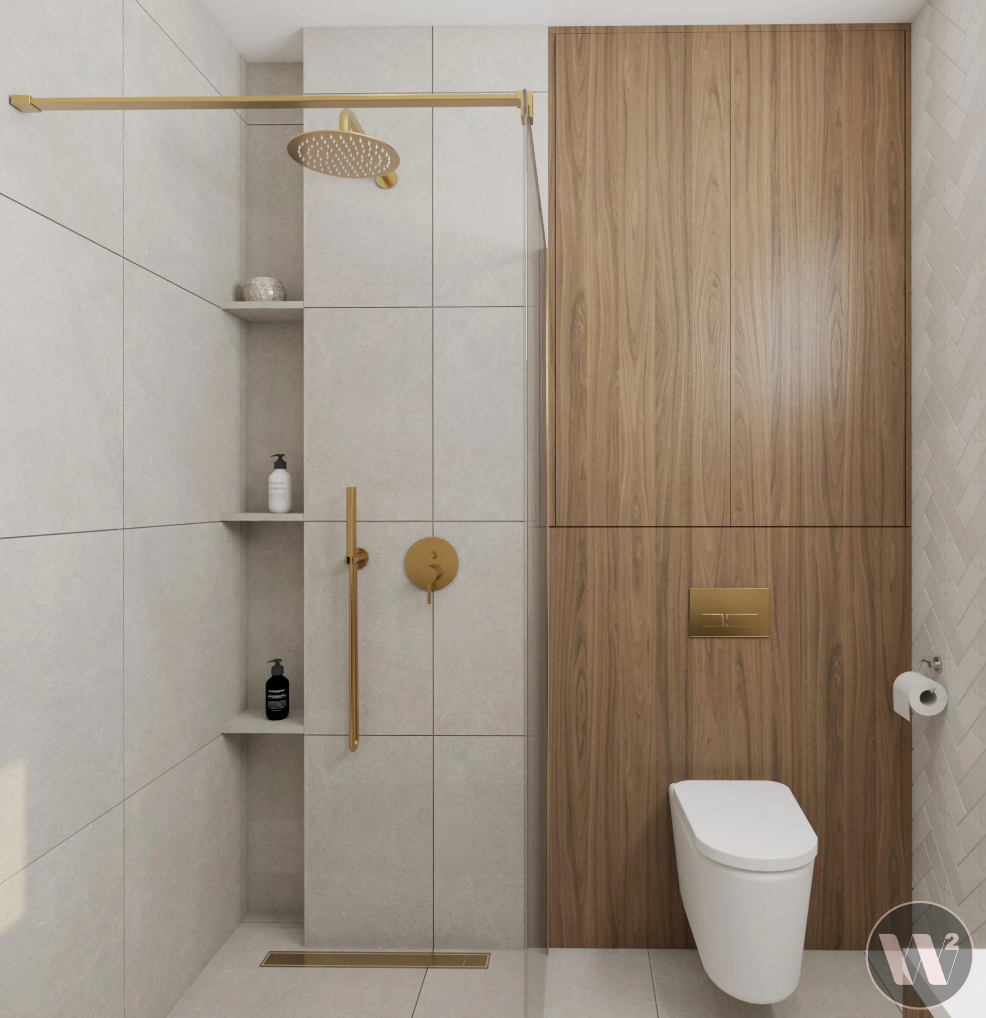 Minimalistyczna łazienka z kabiną prysznicową, złotą armaturą i drewnianą zabudową toalety. Herringbone na ścianie dodaje tekstury.