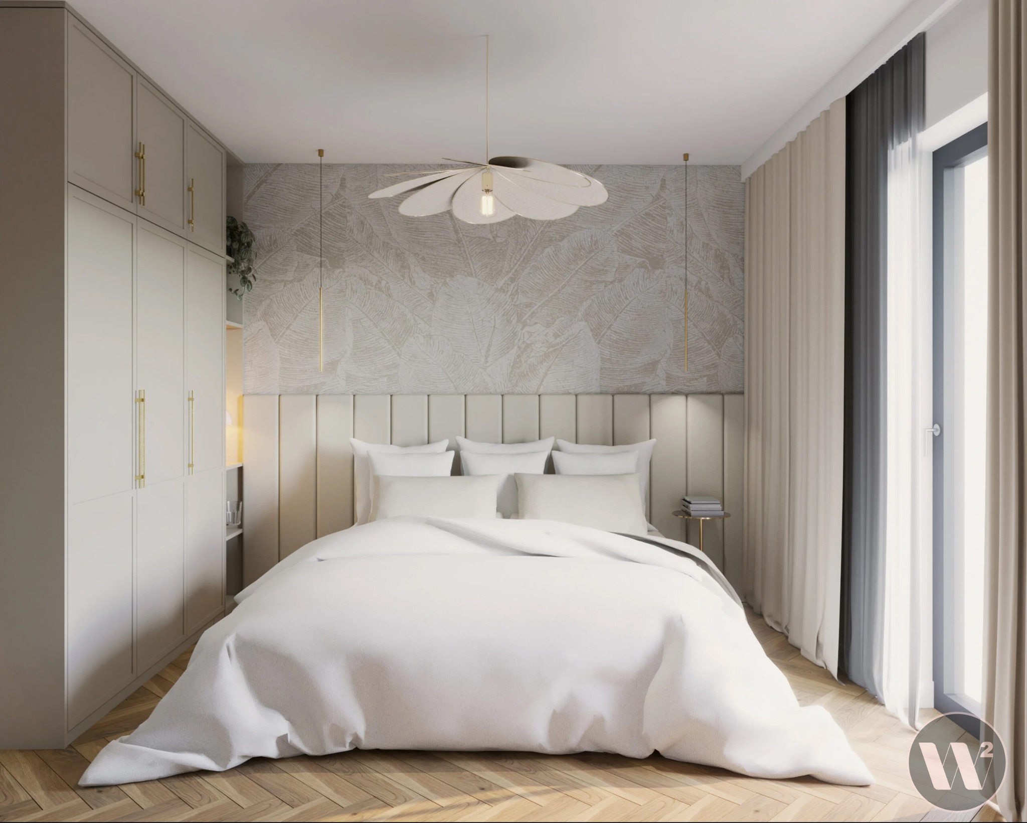 Jasna sypialnia z łóżkiem, szafą w zabudowie i parkietem w jodełkę. Na ścianie tapeta w liście, nad łóżkiem lampa w kształcie kwiatu i zasłony przy oknie.