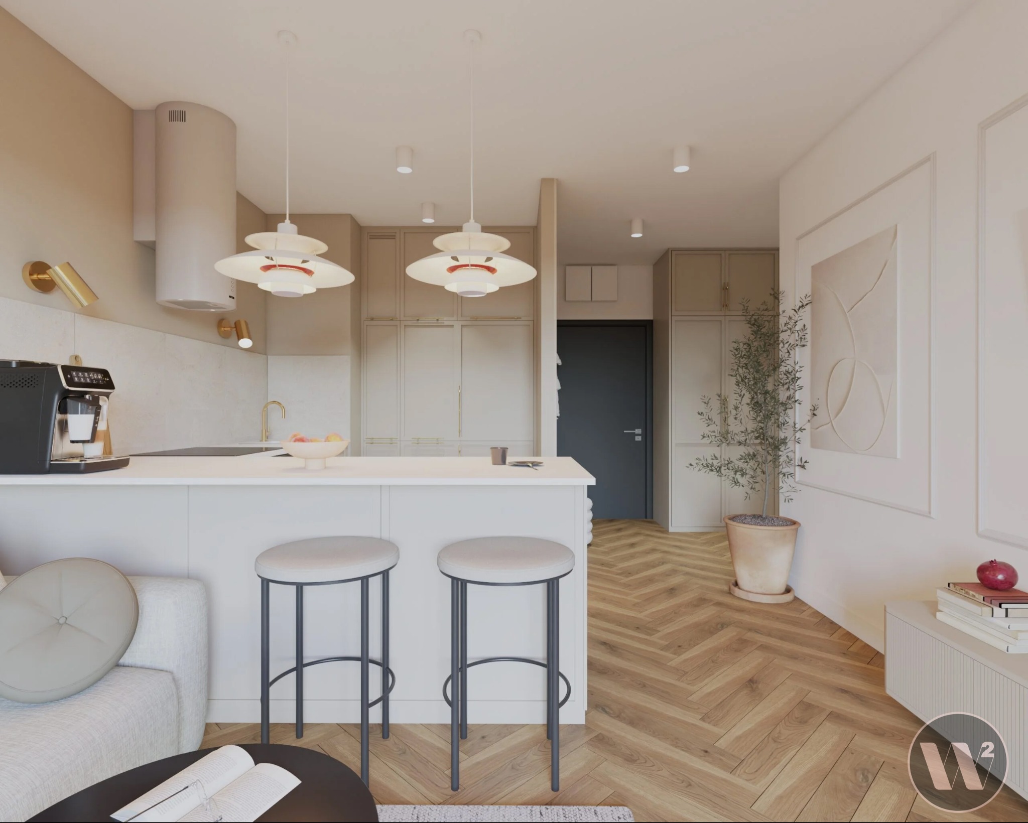 Jasne wnętrze z parkietem w jodełkę: biała wyspa kuchenna z hokerami, ekspres do kawy, designerskie lampy i minimalistyczna dekoracja ścienna.