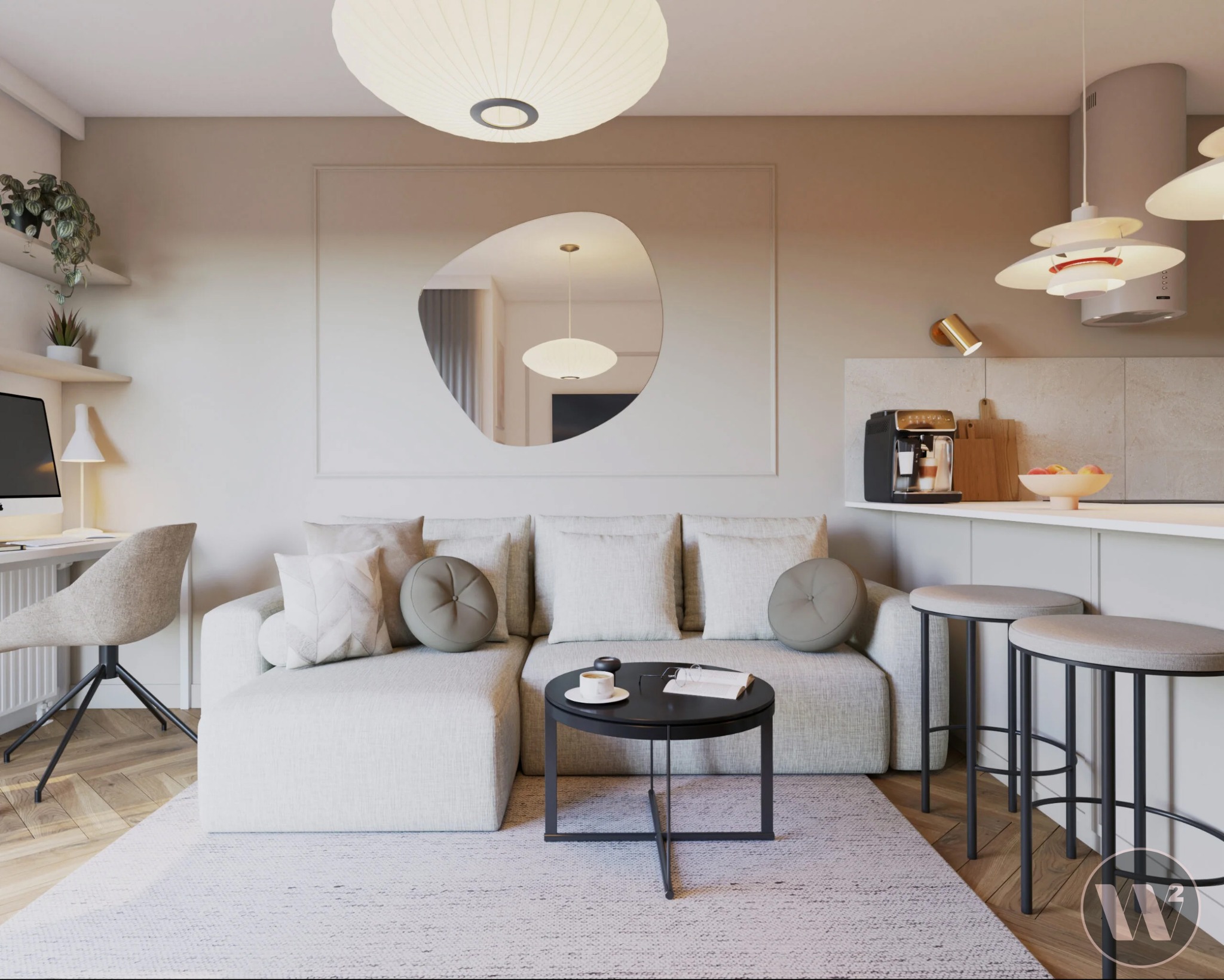 Jasne, nowoczesne wnętrze z sofą, stolikiem kawowym z książką i kawą, krzesłami barowymi oraz lustrem z odbiciem jadalni. Minimalistyczny design, ciepłe oświetlenie.