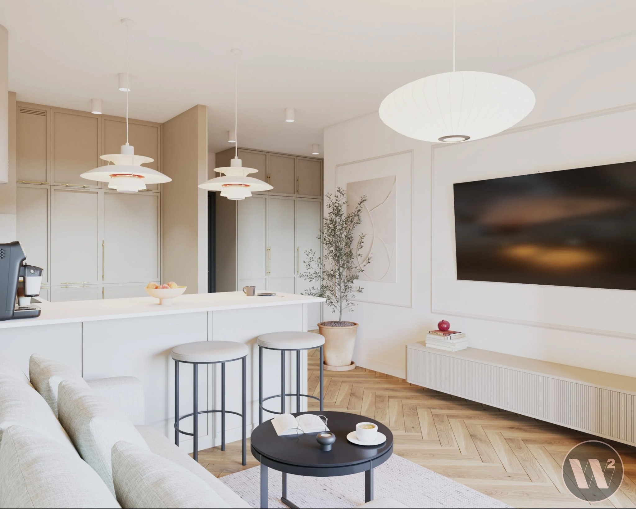 Jasne wnętrze z wyspą kuchenną i hokerami. Minimalistyczny salon z telewizorem i stolikiem kawowym. Parkiet w jodełkę. Lampy wiszące o nowoczesnym designie.