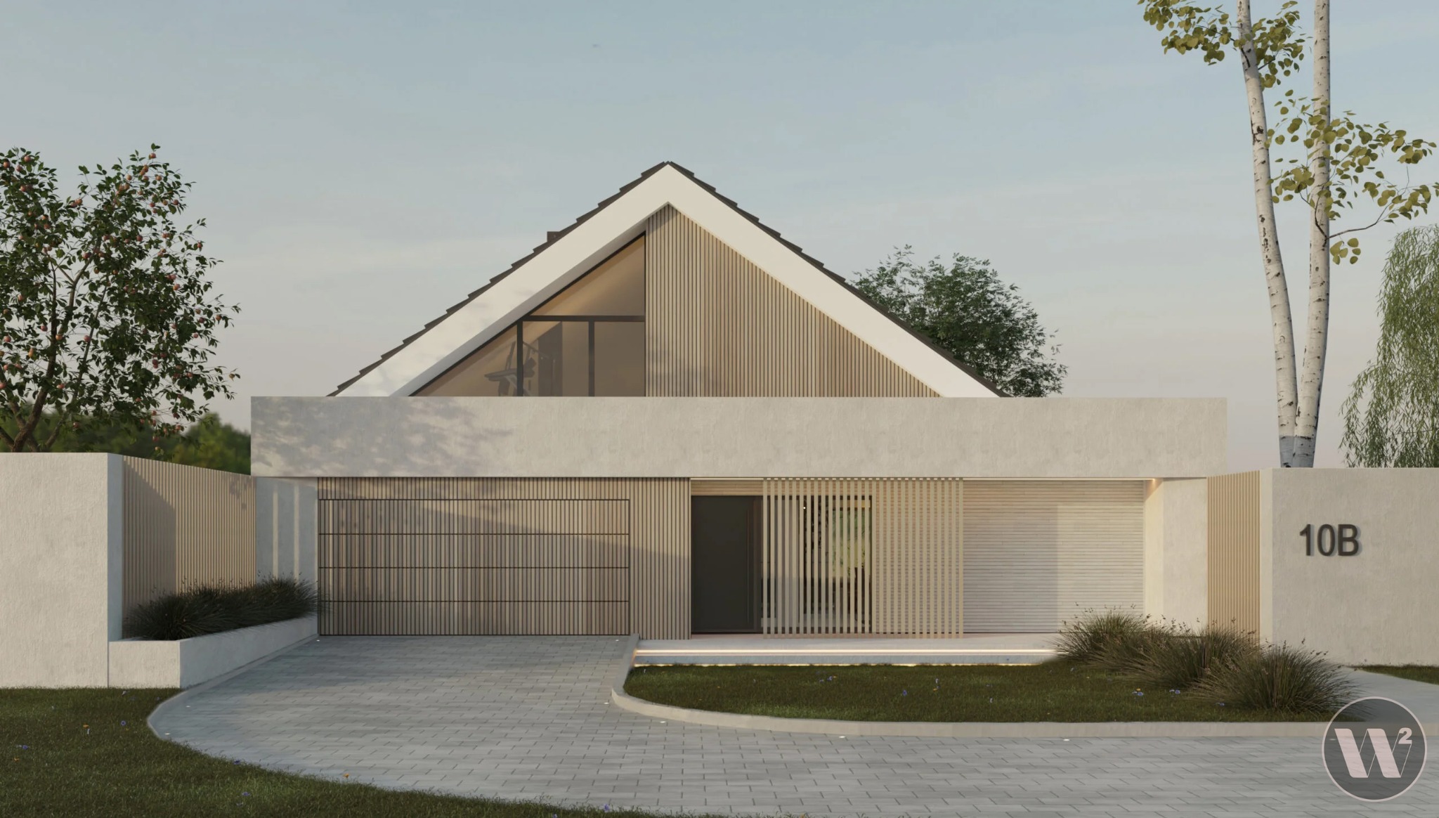 Wizualizacja nowoczesnego domu jednorodzinnego z płaskim dachem i drewnianą elewacją, otoczonego zielenią. Minimalistyczny design, stonowana kolorystyka, numer 10B na murze.