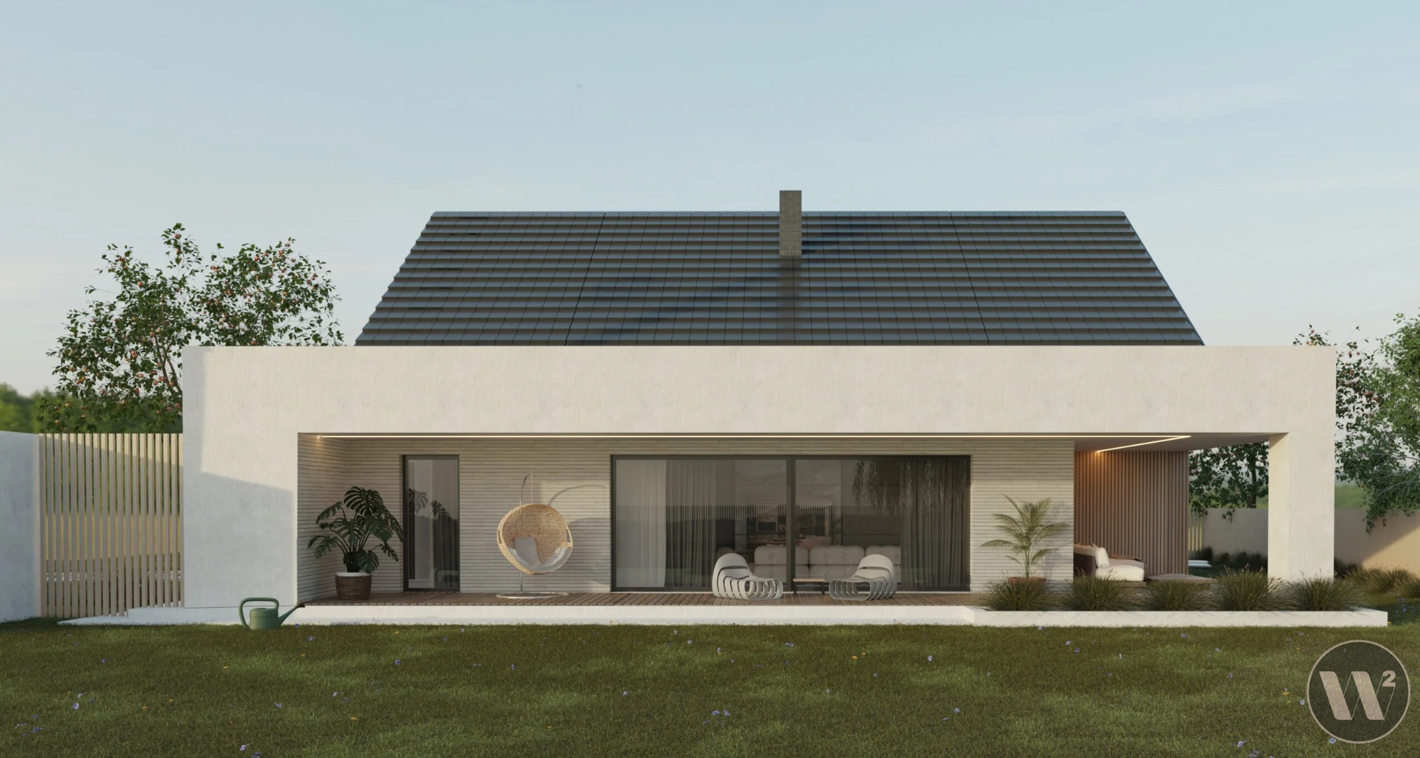 Nowoczesny dom jednorodzinny z płaskim dachem i dużymi przeszkleniami wychodzącymi na taras. Uwagę zwraca minimalistyczny design i jasna elewacja.