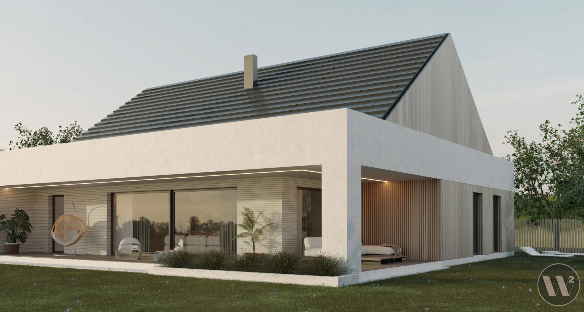 Wizualizacja nowoczesnego domu jednorodzinnego z płaskim dachem i drewnianą elewacją, otoczonego zielonym trawnikiem. Widoczne meble ogrodowe i subtelne oświetlenie.