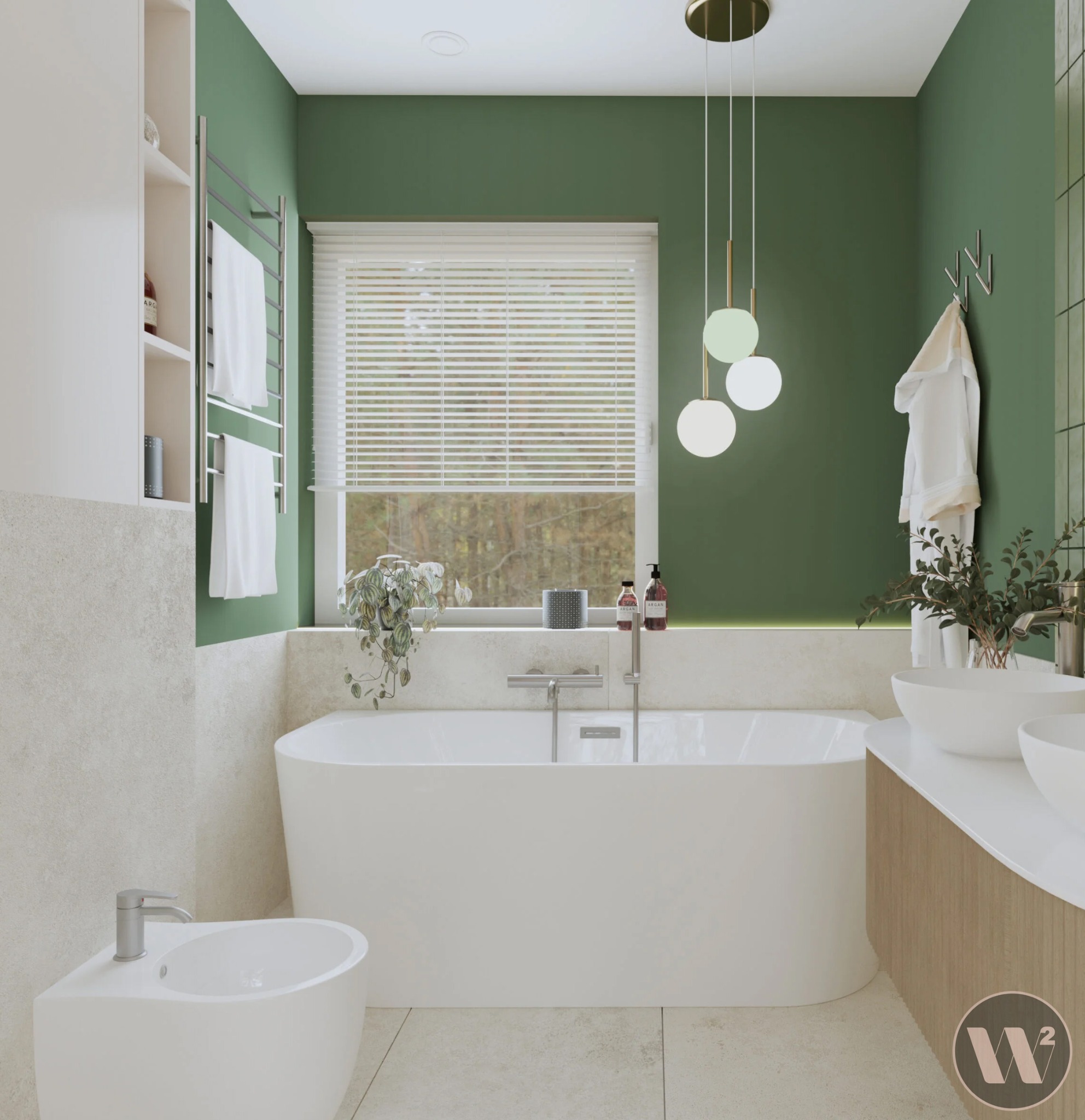 Nowoczesna łazienka w odcieniach zieleni i beżu. Wolnostojąca wanna, bidet, umywalki nablatowe i minimalistyczne oświetlenie.