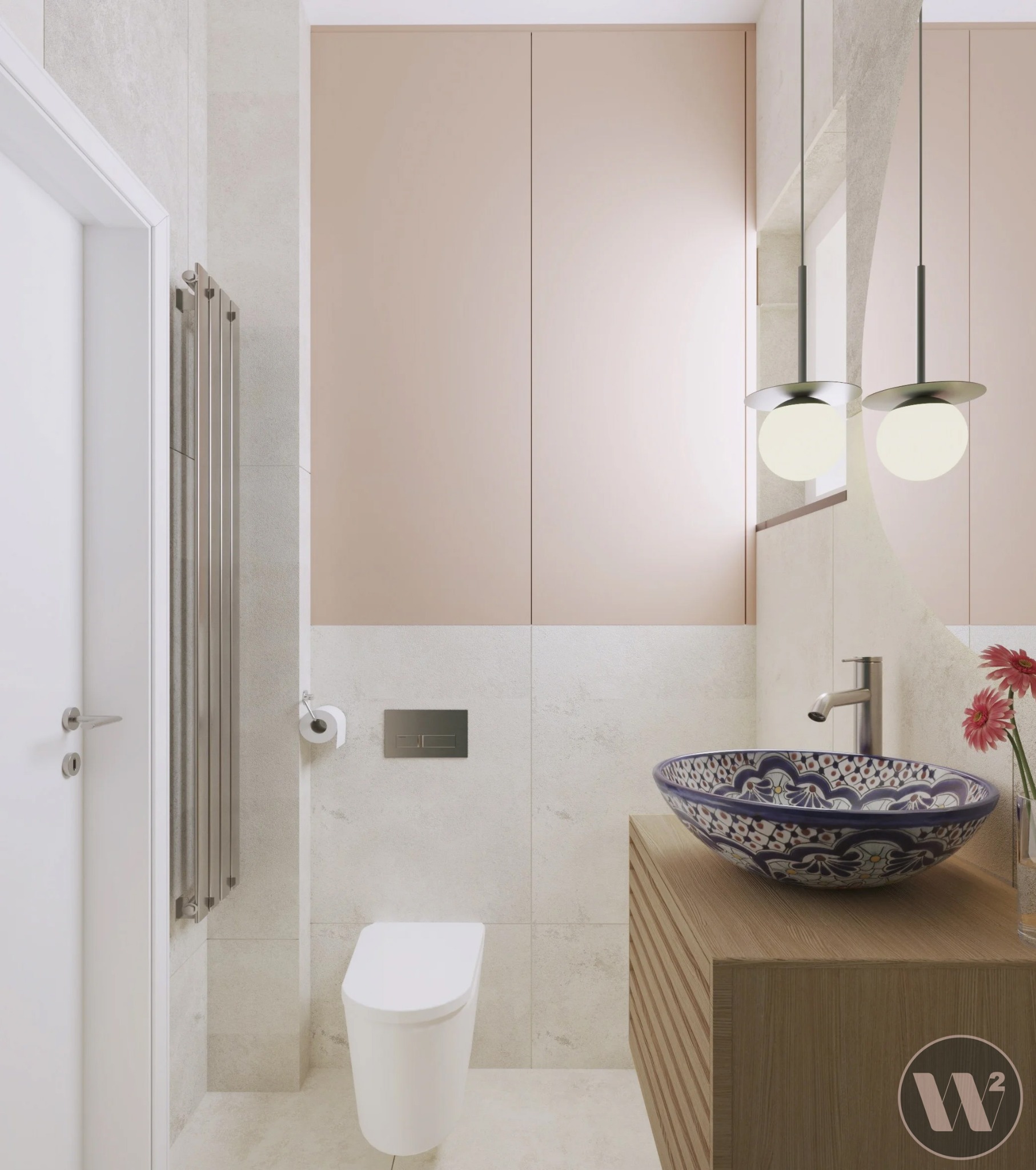 Jasna łazienka z umywalką w stylu vintage, wiszącą toaletą i grzejnikiem drabinkowym. Pastelowe szafki i okrągłe lampy nadają wnętrzu nowoczesny charakter.