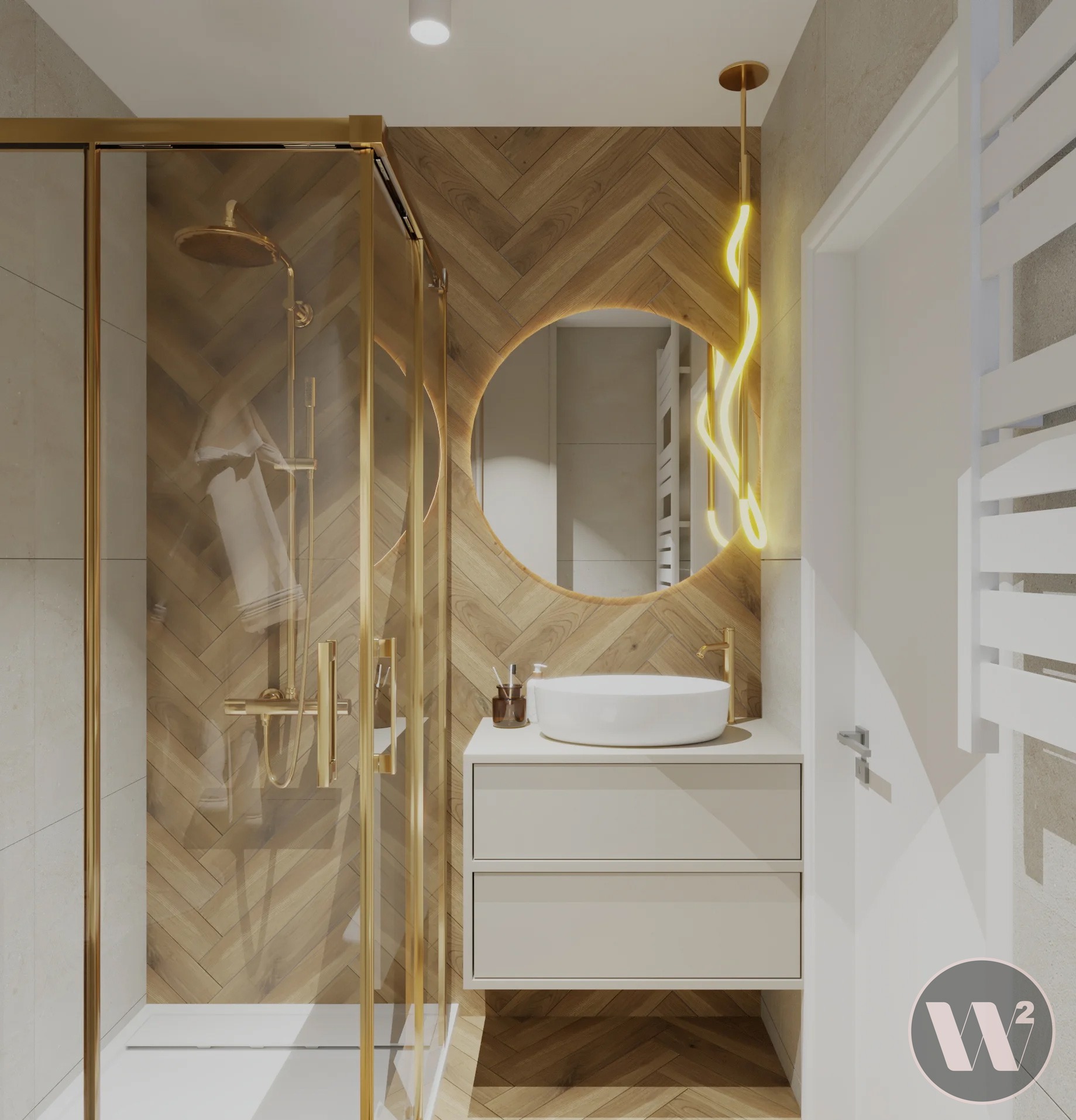 Elegancka łazienka z kabiną prysznicową w złotych ramach, umywalką na szafce i lustrem z podświetleniem LED na ścianie z drewnianą jodełką.