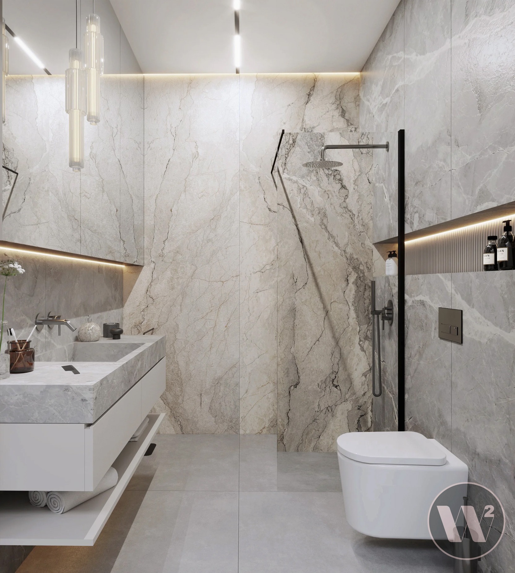 Nowoczesna łazienka z marmurowymi płytkami, podświetlanym lustrem i wiszącą toaletą. Minimalistyczny design, szaro-biała kolorystyka, eleganckie oświetlenie.