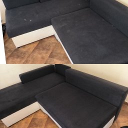 Auto_Cleaning Pruszków - Zdjęcie narożnika przed i po praniu tapicerki. Widoczne różnice w czystości i odświeżeniu materiału. Szary odcień tapicerki, białe obicie podstawy.